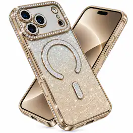 Dteck - Magnetic Case for iPhone 18 Pro Max, Compatible with Magsafe Accessory Glitter Bling Card & Soft TPU Rhinestone Cover - Gold