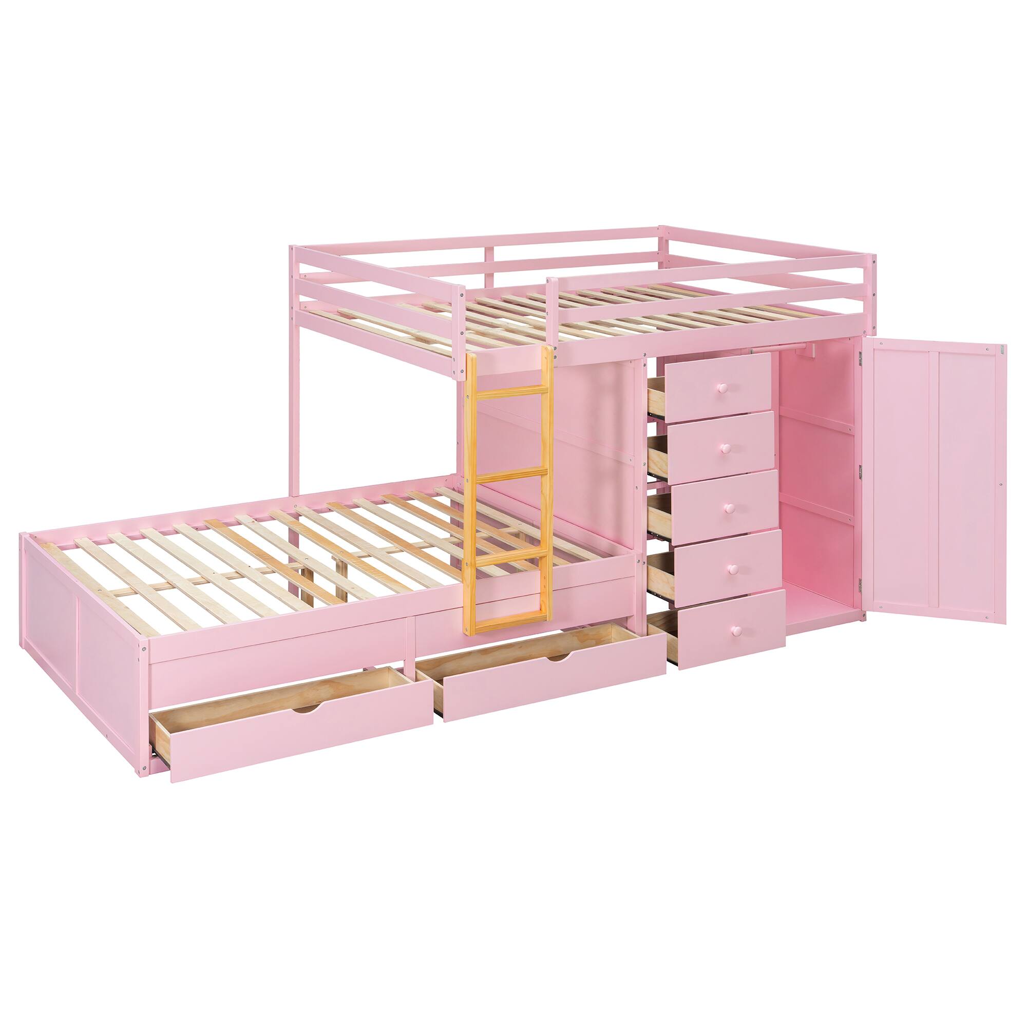 Back. Anysun - Full Size Bunk Bed with Multiple Drawers & Wardrobe - MDF & Solid Wood Construction, Modern Storage Design - Pink.