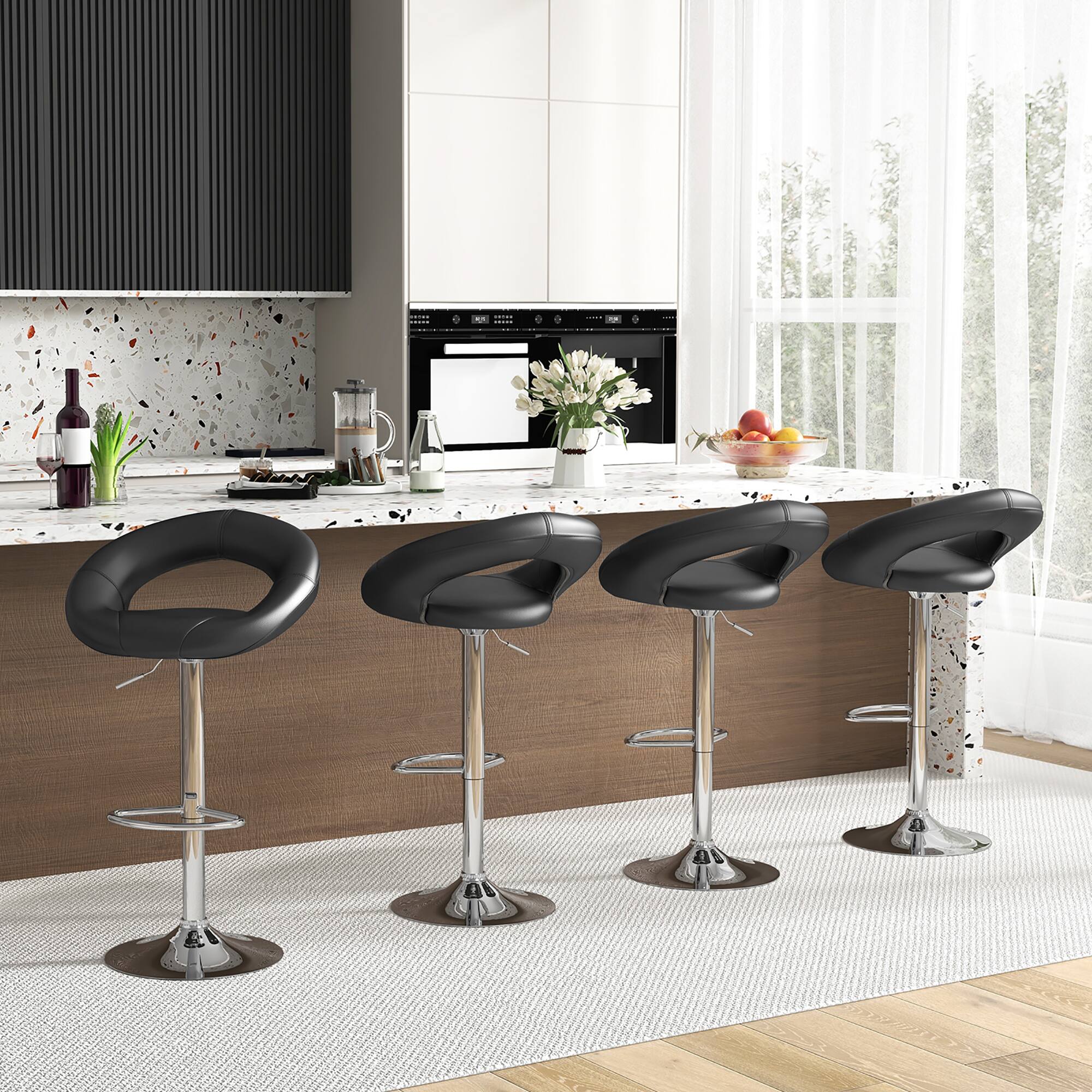 Alt View 3. Gymax - Gymax Set of 4 Adjustable Bar Stools Swivel Pub Chairs Barstools PU Leather Black - Black.