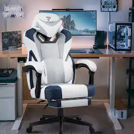 PexFix - Big Tall Mesh Gaming Chair, Reclining Ergonomic Chair for Heavy Adults, with Footrest & Lumbar Support - Blue+White