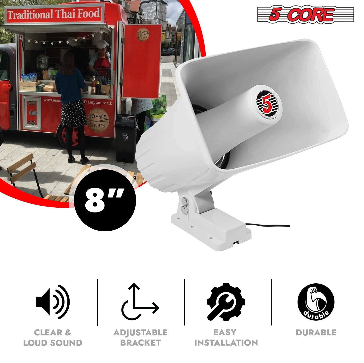 Traditional Thai Food  
www.mama-thampton.co.uk  
Mama's Kitchen  

5 CORE  
8"  
CLEAR & LOUD SOUND  
ADJUSTABLE BRACKET  
EASY INSTALLATION  
DURABLE