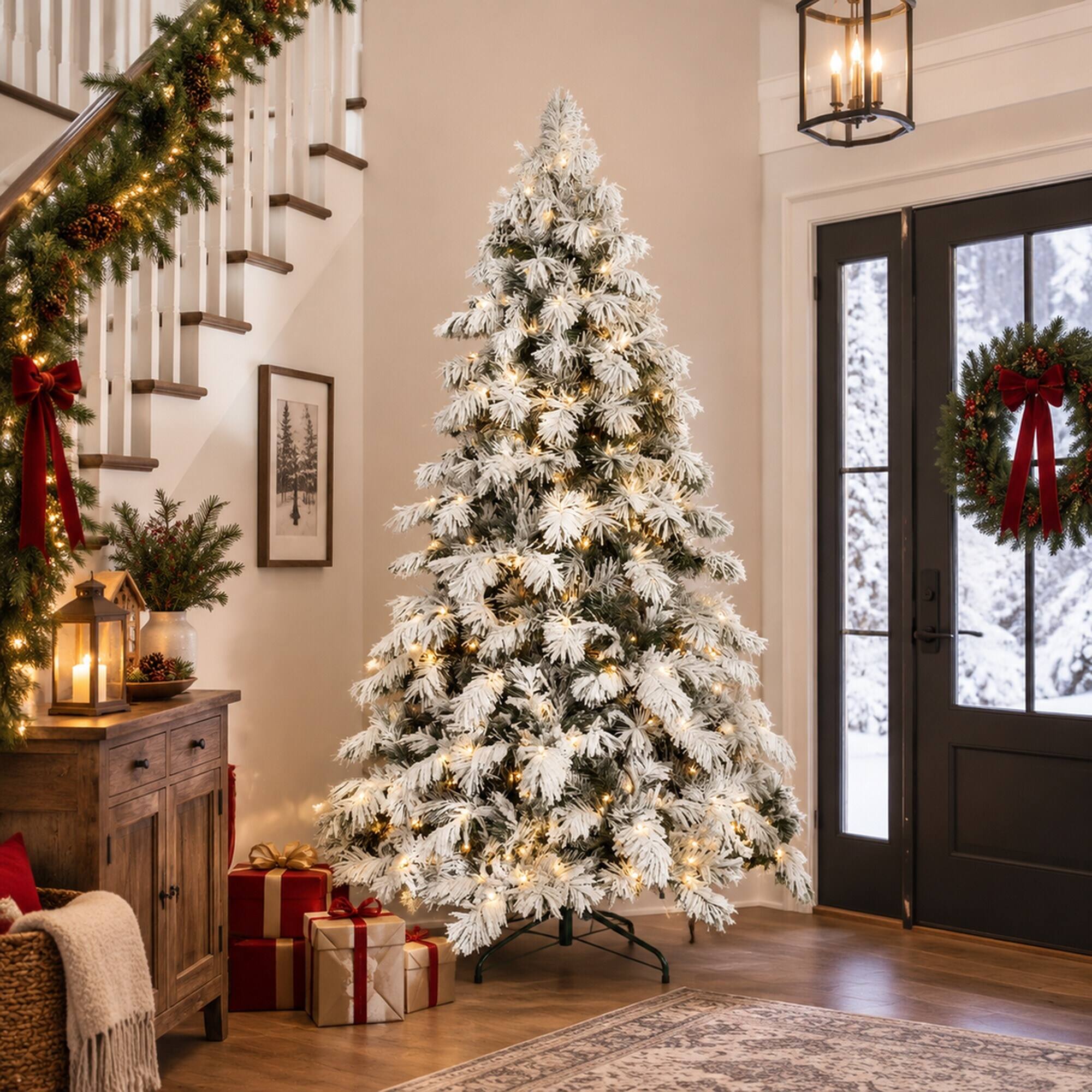 Alt View 1. RYHNUYNE - 8 Ft Flocked Scarecrow Christmas Tree With 470 Warm White LED Lights, 1242 Memory Wire Tips Snowy Decor - Green,White.
