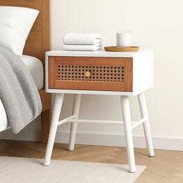 Hivvago - Woven Rattan Nightstand with Storage Drawer - White