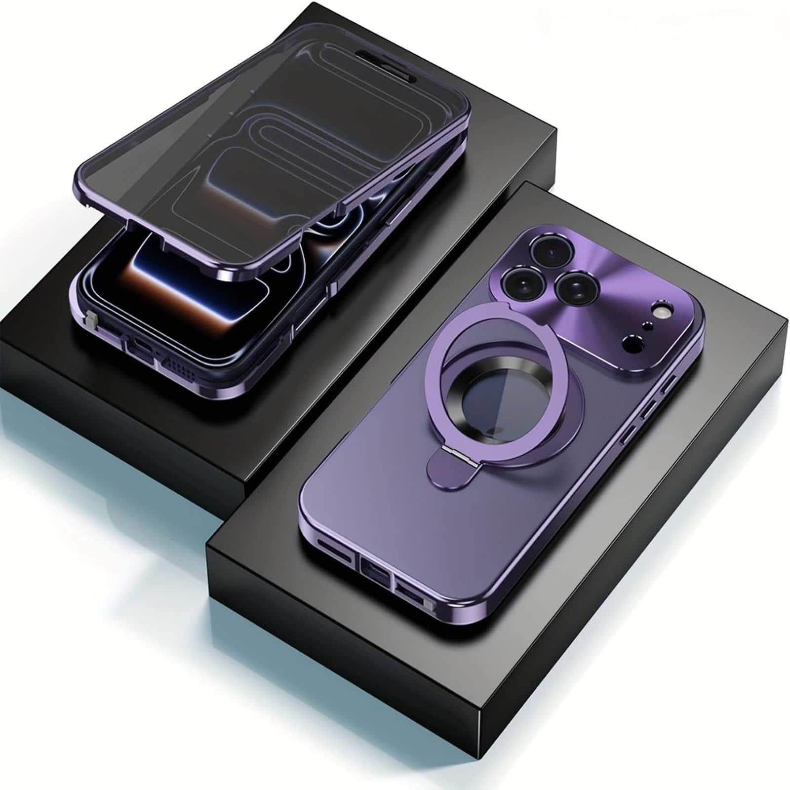 Dteck - Mag Safe Case for Apple iPhone 17 Pro Max Built-in Anti-Peep Screen Protector Rugged Ring Stand Full Body Cover - Darkpurple