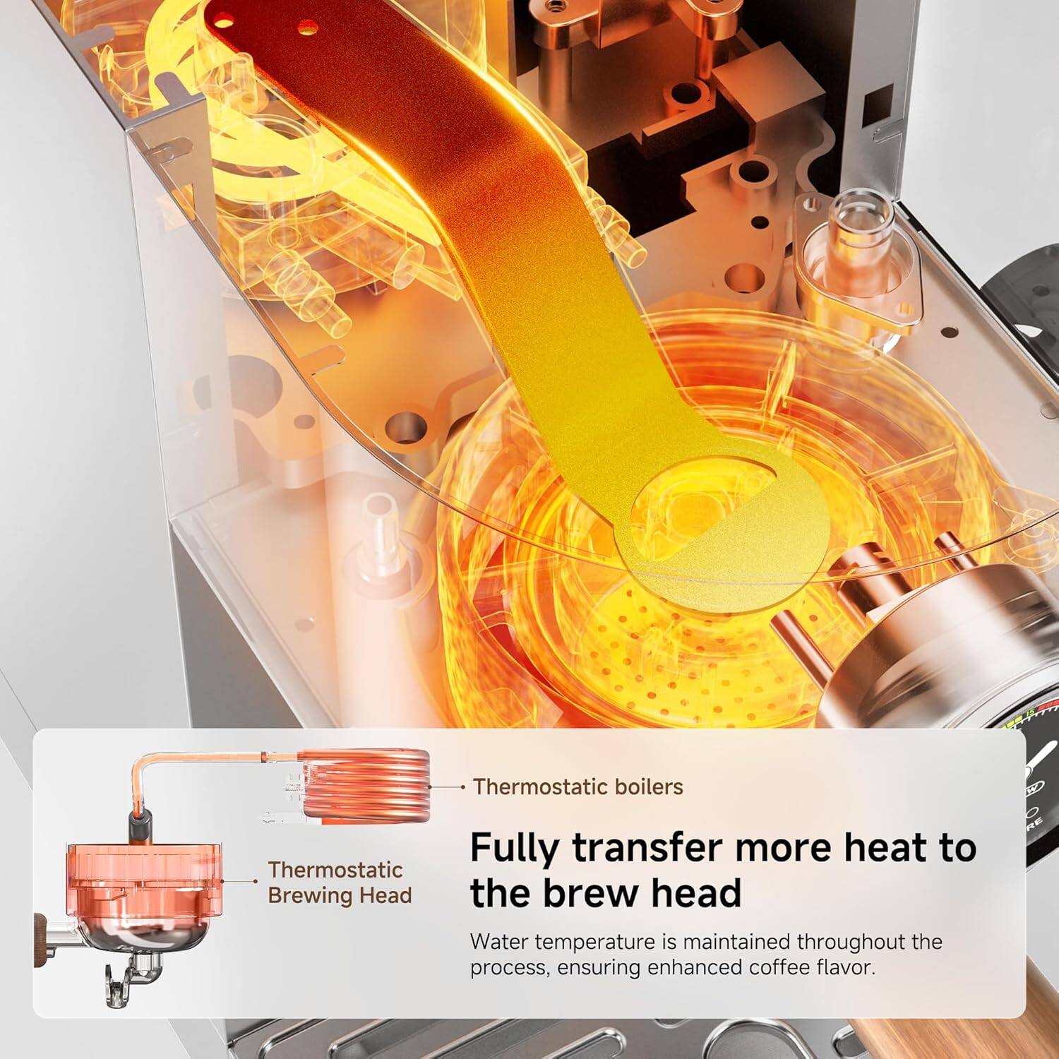 Thermostatic boilers  
Fully transfer more heat to the brew head  
Water temperature is maintained throughout the process, ensuring enhanced coffee flavor.