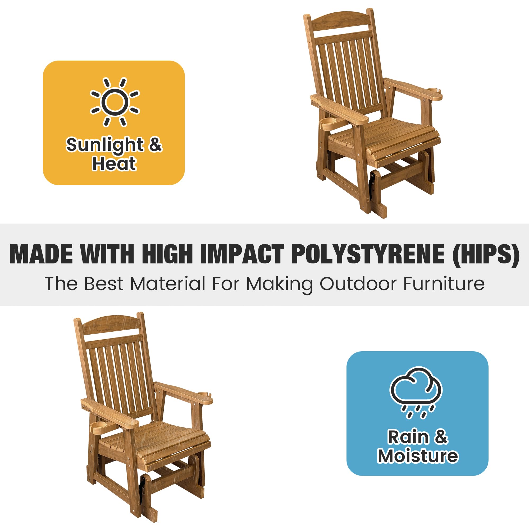 Sunlight & Heat

MADE WITH HIGH IMPACT POLYSTYRENE (HIPS)

The Best Material For Making Outdoor Furniture

Rain & Moisture