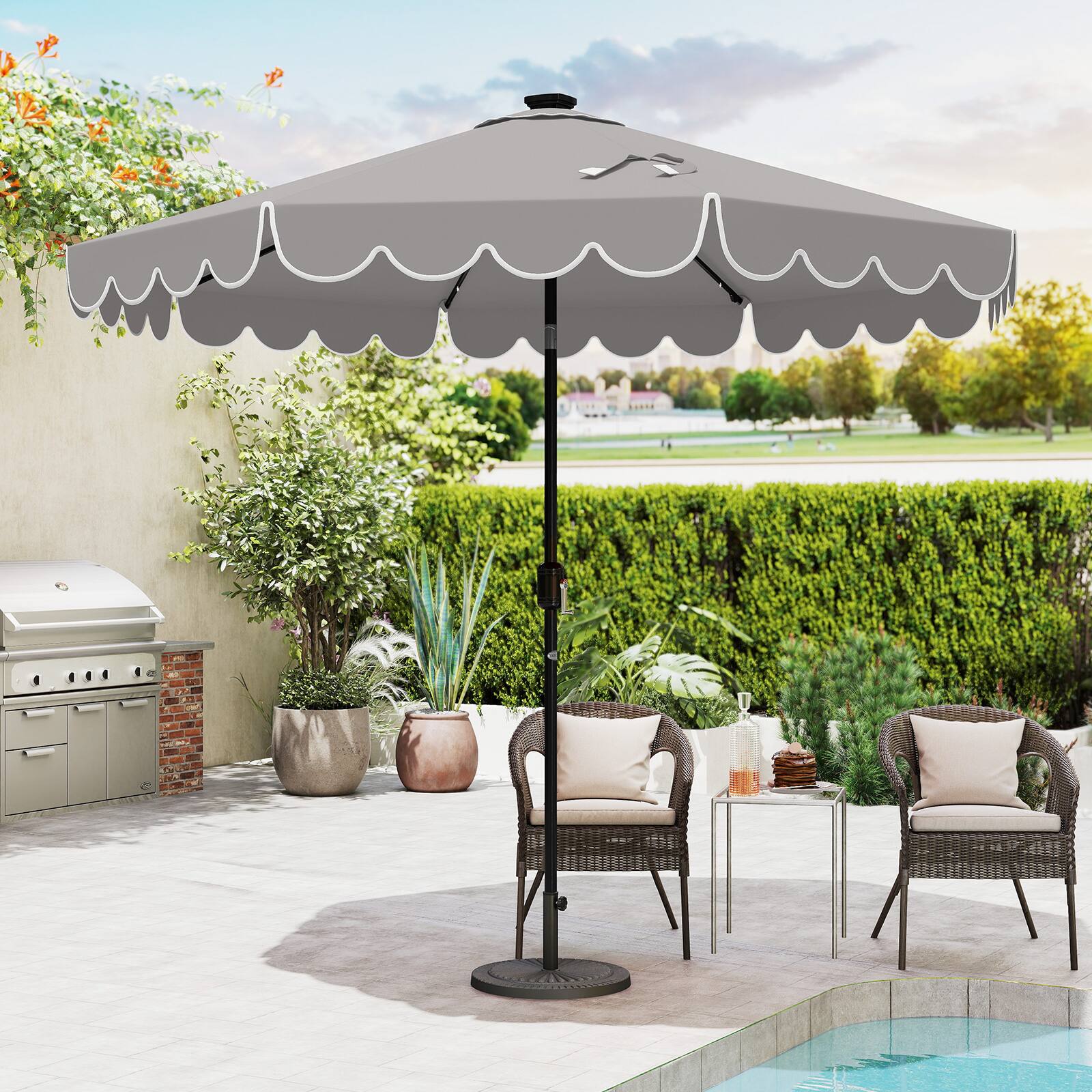 Angle. SlickBlue - 9.3-ft Patio Umbrella with Solar LED Lights, Vented Canopy, and Ruffled Trim - Grey.