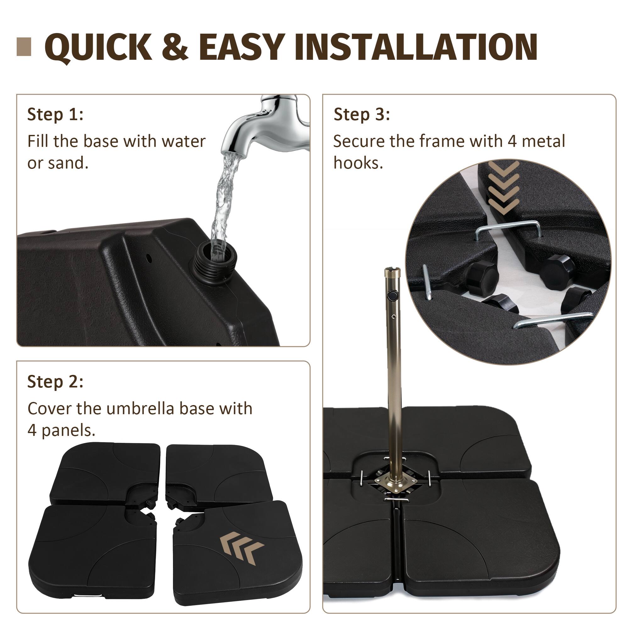 QUICK & EASY INSTALLATION

Step 1: Fill the base with water or sand.

Step 2: Cover the umbrella base with 4 panels.

Step 3: Secure the frame with 4 metal hooks.