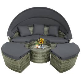 Costway - Outdoor Round Daybed with Retractable Canopy, Cushions & Throw Pillows for Lawn - Gray
