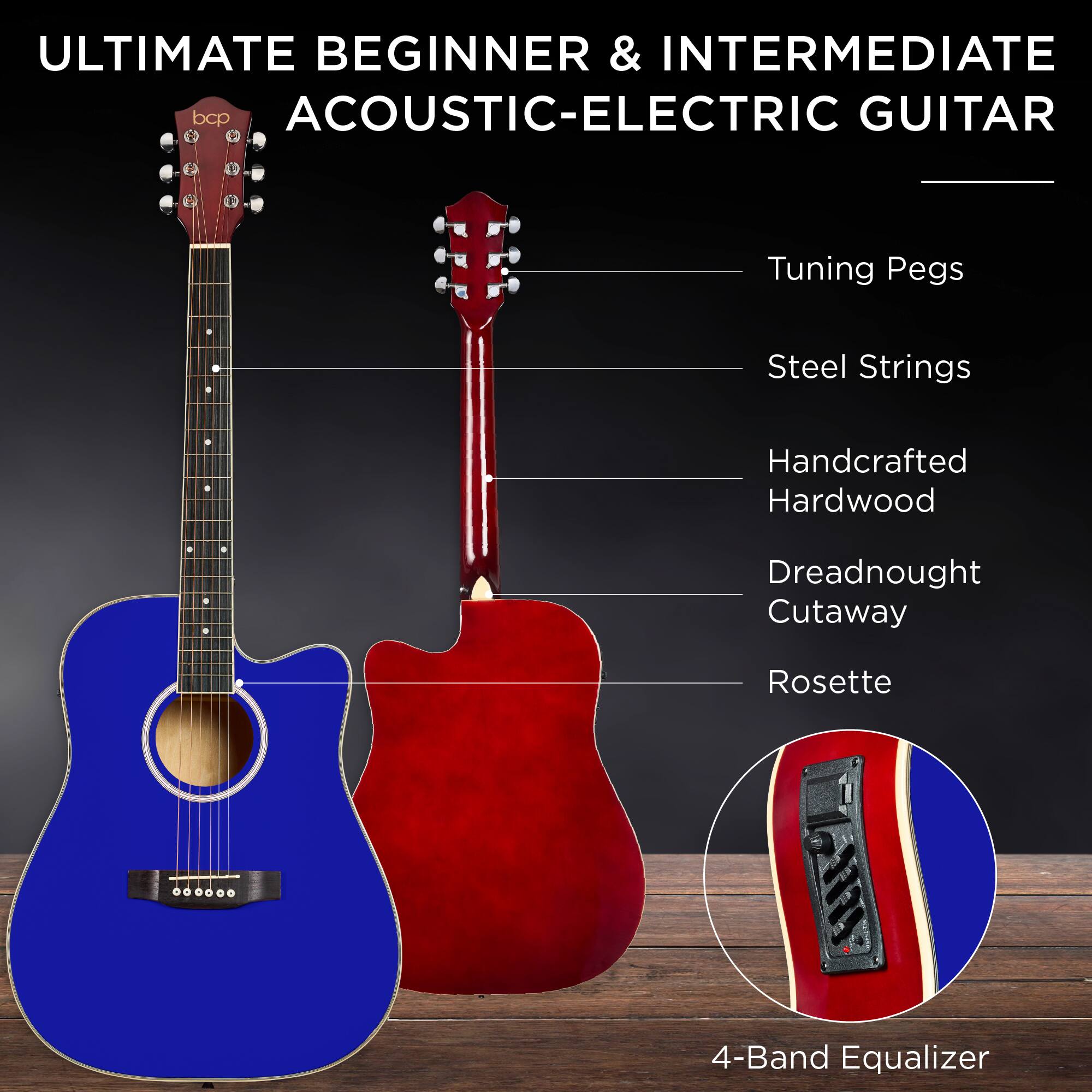 ULTIMATE BEGINNER & INTERMEDIATE ACOUSTIC-ELECTRIC GUITAR

- Tuning Pegs
- Steel Strings
- Handcrafted Hardwood
- Dreadnought Cutaway
- Rosette
- 4-Band Equalizer