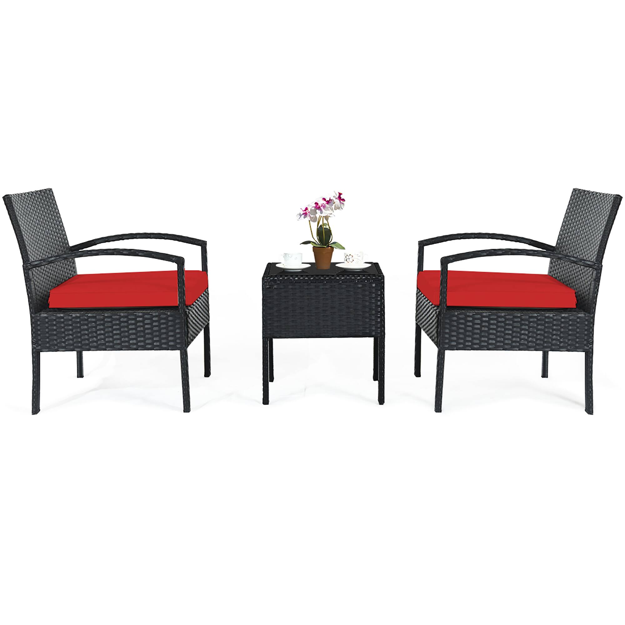 Alt View 9. Costway - Costway 3PCS Patio Rattan Furniture Set Table Conversation Sofa Cushioned - Red.