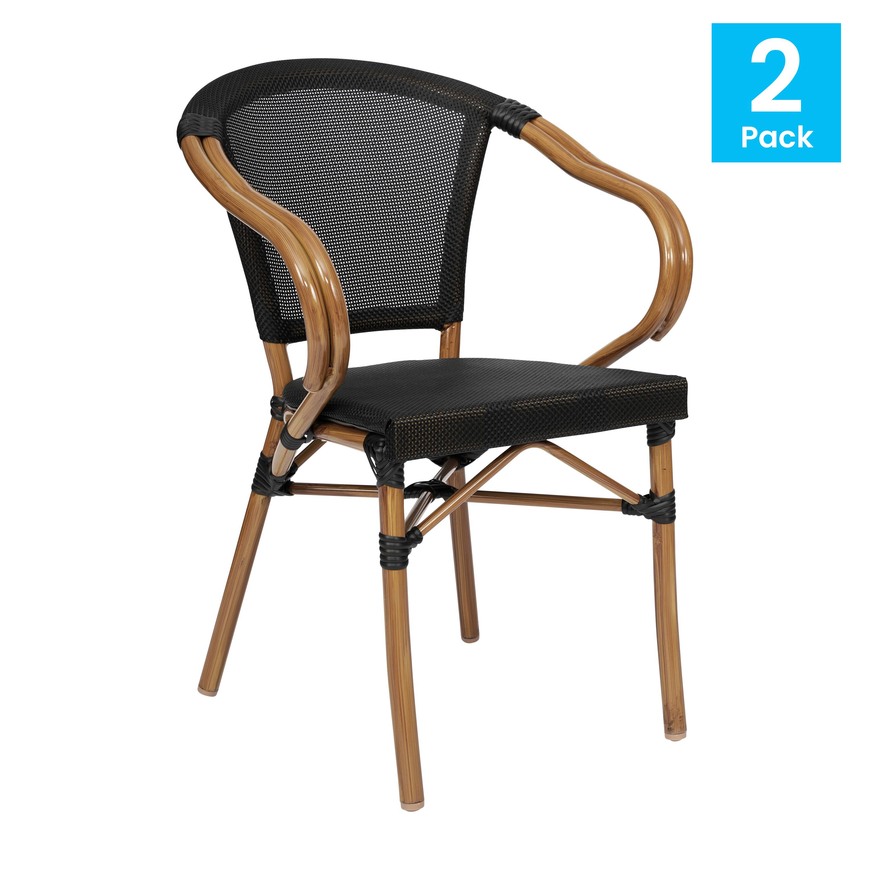 Alt View 1. Emma + Oliver - 2 Pack Stacking Bistro Chair with Bamboo Print Metal Frame - Black/Natural Frame.