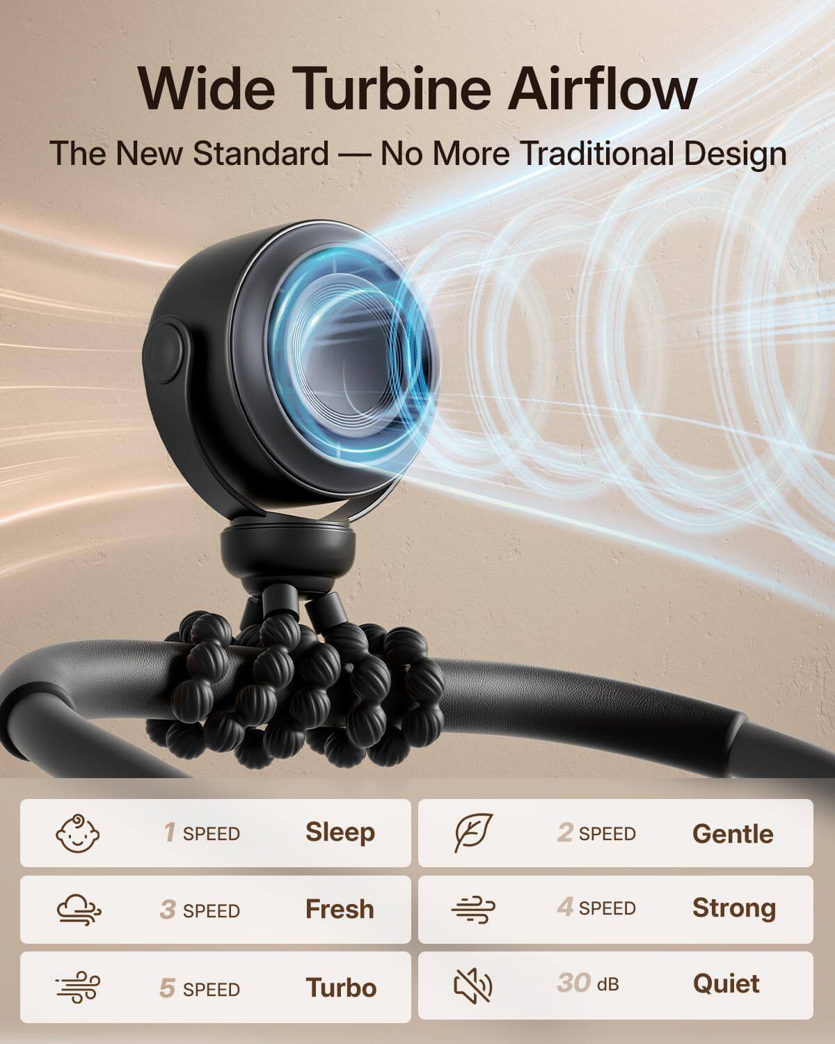Wide Turbine Airflow  
The New Standard — No More Traditional Design  

1 SPEED Sleep  
2 SPEED Gentle  
3 SPEED Fresh  
4 SPEED Strong  
5 SPEED Turbo  
30 dB Quiet