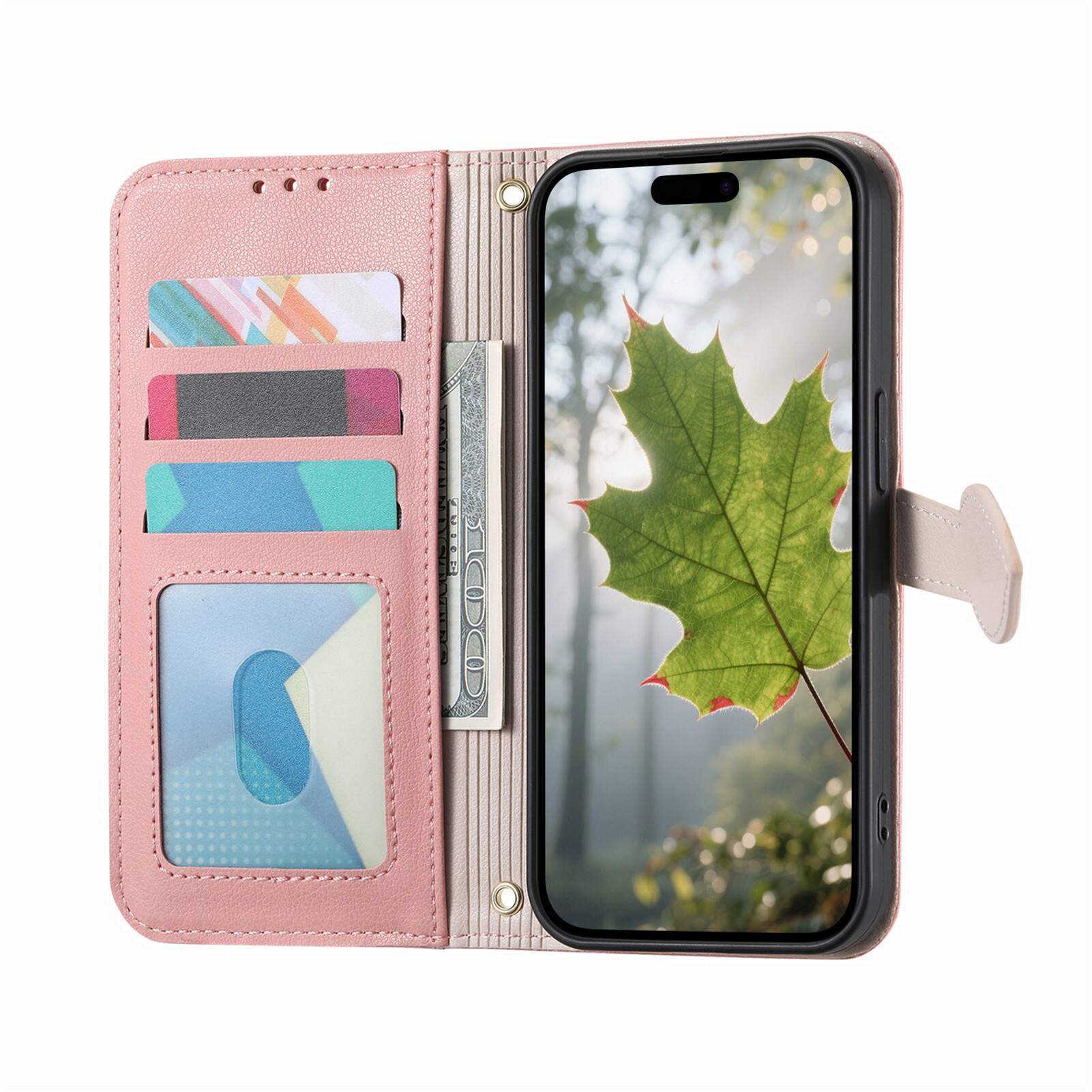Left. Dteck - for Samsung Galaxy S26 Wallet Case,PU Leather Flip Zipper Card Slot Leaf-Buckle Shockproof Cover with Wrist Strap - Rosegold.