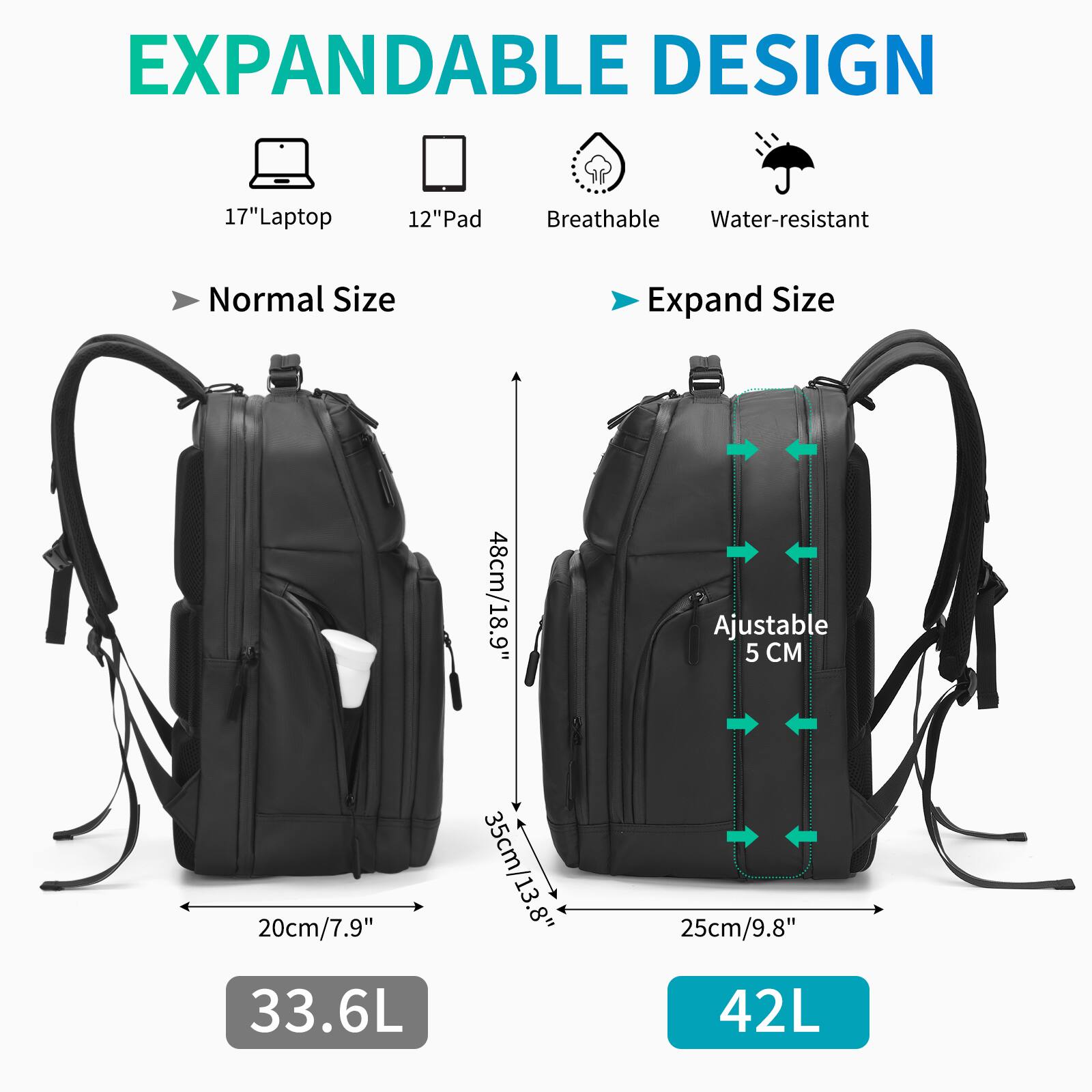 EXPANDABLE DESIGN

17" Laptop  
12" Pad  
Breathable  
Water-resistant  

Normal Size  
48cm/18.9"  
20cm/7.9"  
35cm/13.8"  
33.6L  

Expand Size  
Ajustable 5 CM  
25cm/9.8"  
42L