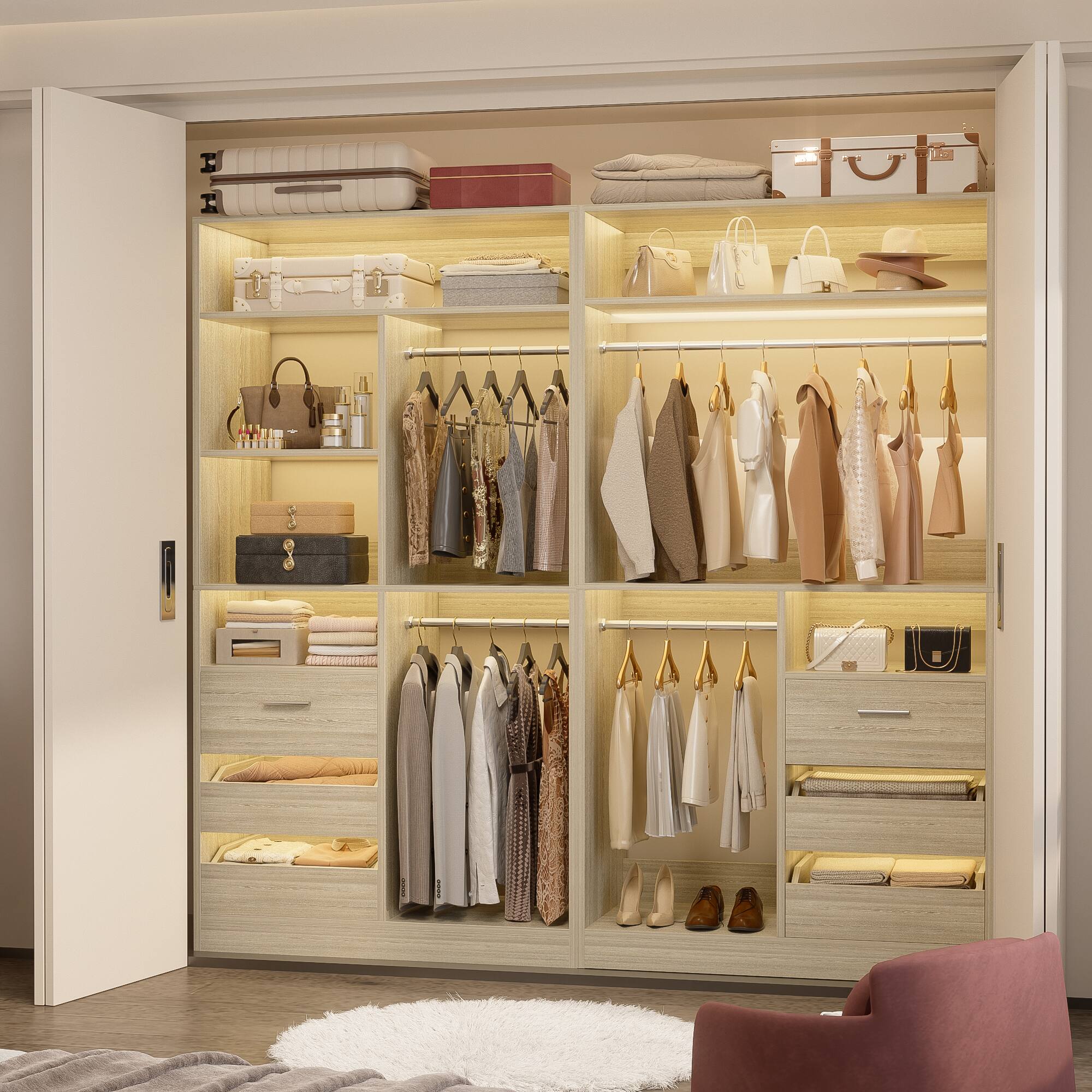 Left. Aheaplus - 2-Set 72" Heavy Duty Walk-in Wardrobe, Closet Organizer with 6 Drawers & 4 Hanging Rods for Home/Garage - White Oak.