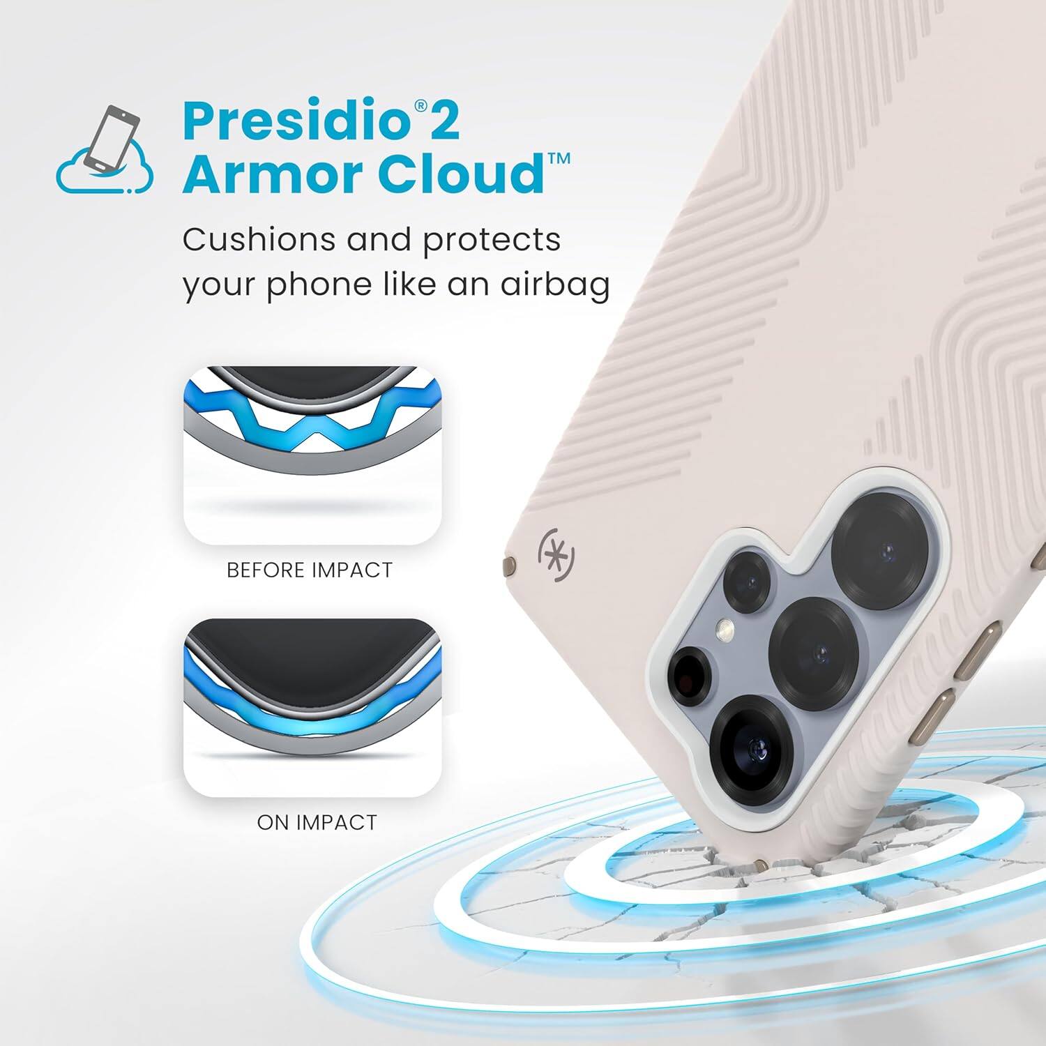 Presidio 2 Armor Cloud™  
Cushions and protects your phone like an airbag  

BEFORE IMPACT  
ON IMPACT