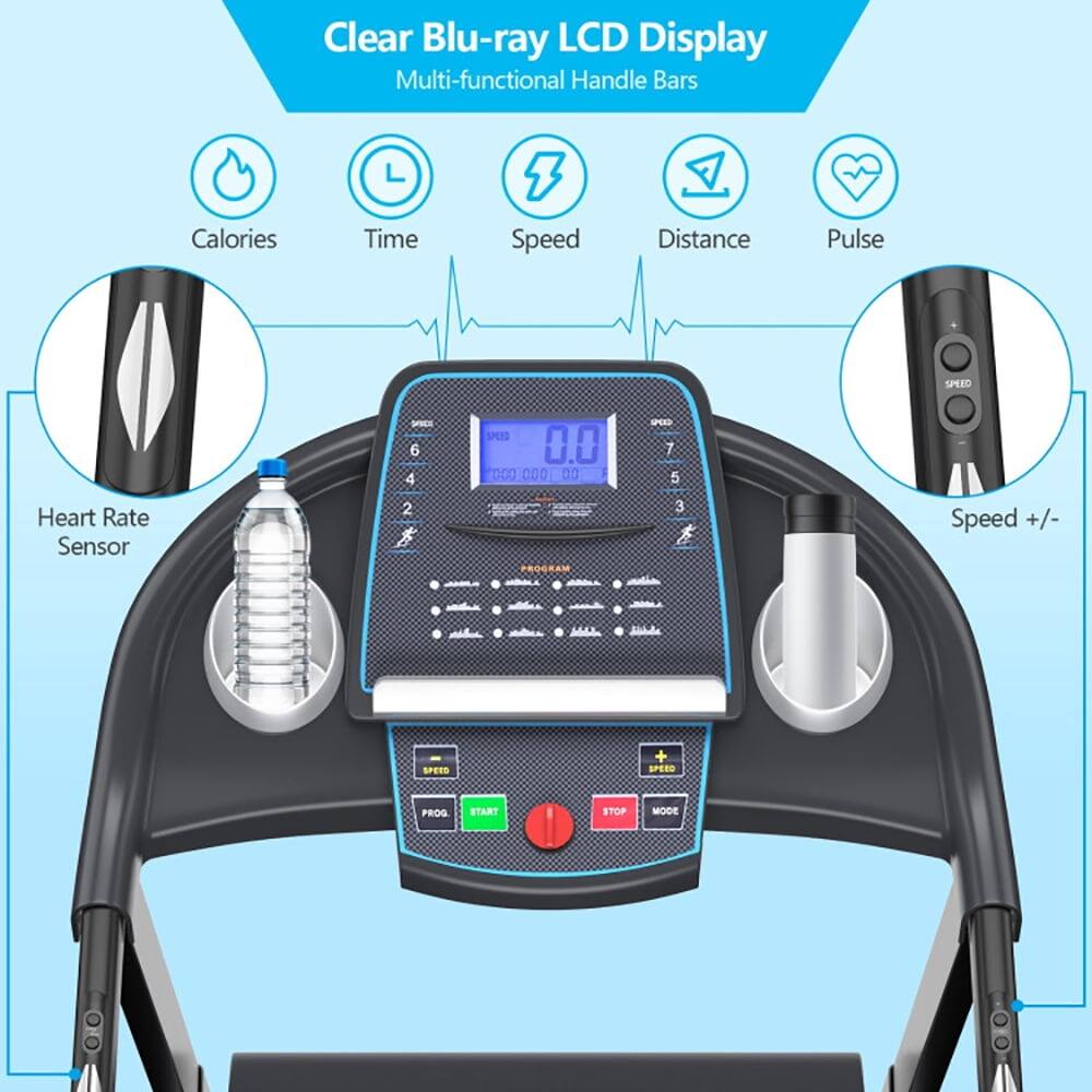 Clear Blu-ray LCD Display  
Multi-functional Handle Bars  

- Calories  
- Time  
- Speed  
- Distance  
- Pulse  

Heart Rate Sensor  
Speed +/-  

Buttons:  
- PROG  
- START  
- STOP  
- MODE