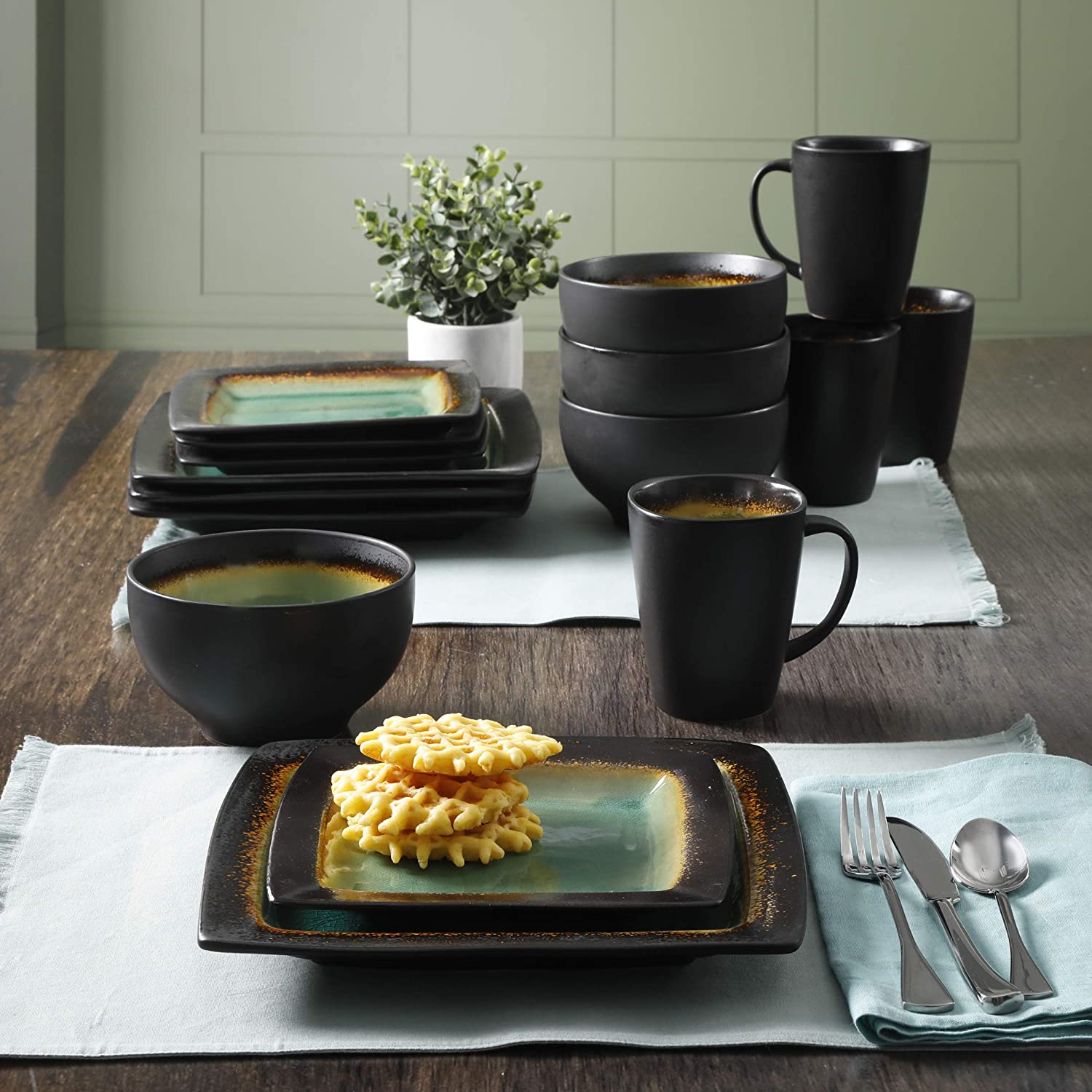 Alt View 3. Gibson - Gibson Elite Ocean Paradise 16Pc Square Glazed Dinnerware Kitchen Dish Set, Jade - Jade.