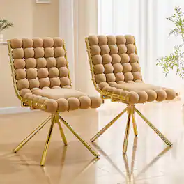 Loheer - Swivel Dining Chair Tufted Upholstered Armless Accent Chair for Dining Room Home Office, Gold Legs, 1.63 ft - Brown,Gold