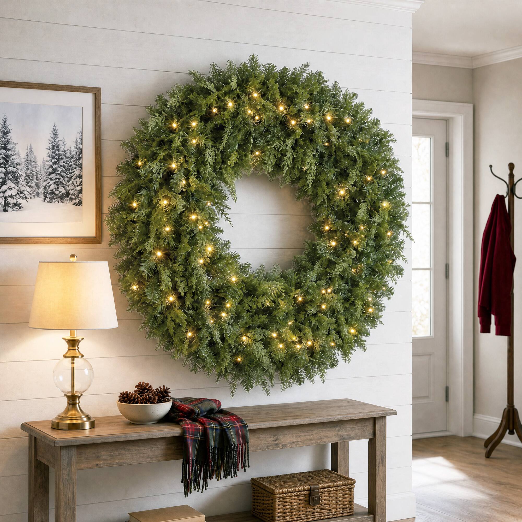 Alt View 1. Homcom - Prelit Crestwood Spruce Artificial Christmas Wreath, Christmas Decor with Bow, LEDs, 8 Modes - Green.