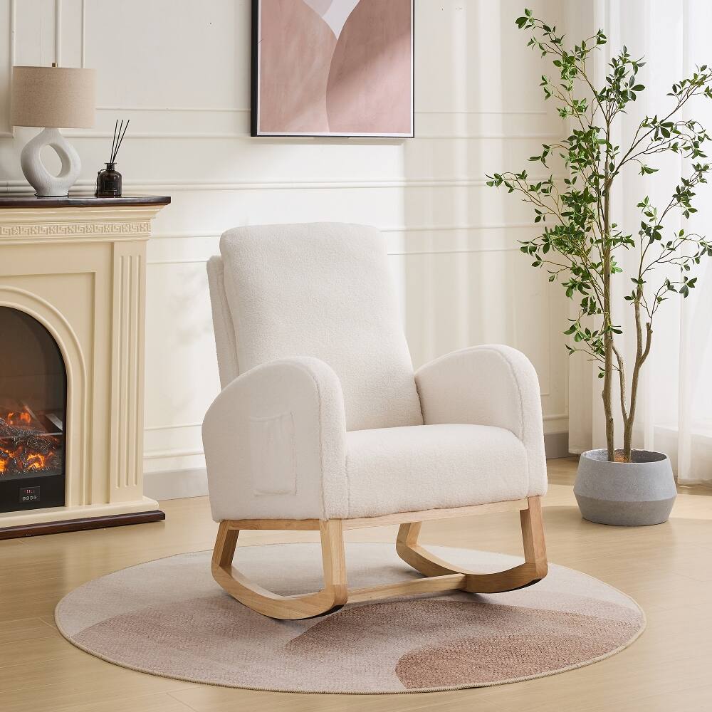 Angle. Loheer - Loheer Ivory Sherpa Rocking Chair High Back Nursery Glider Accent Armchair with Side Pocket and Rubber Wood Legs - Ivory.