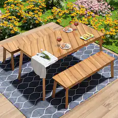 Front. Mondawe - 3 Pieces Acacia Wood Table Bench Dining Set - Natural.