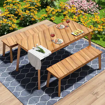 Front. Mondawe - 3 Pieces Acacia Wood Table Bench Dining Set - Natural.