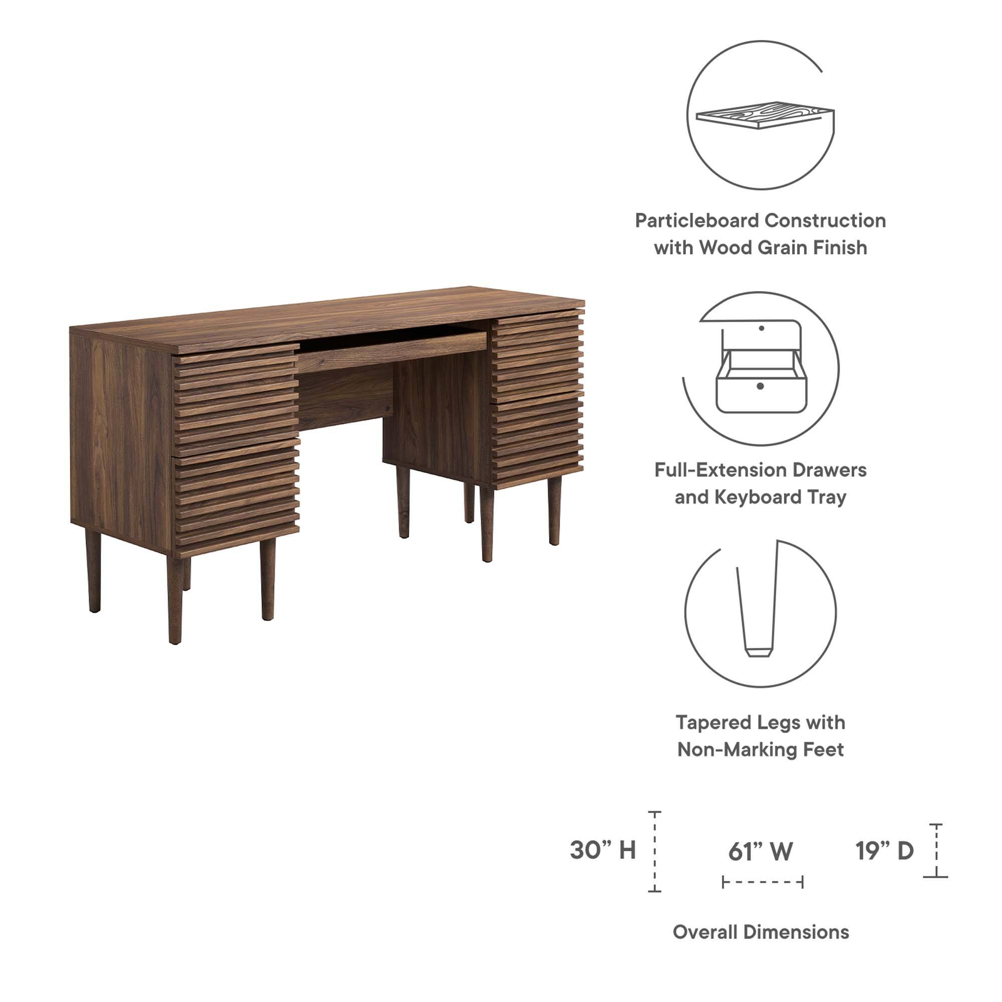 Particleboard Construction with Wood Grain Finish  
Full-Extension Drawers and Keyboard Tray  
Tapered Legs with Non-Marking Feet  

Overall Dimensions:  
30" H x 61" W x 19" D