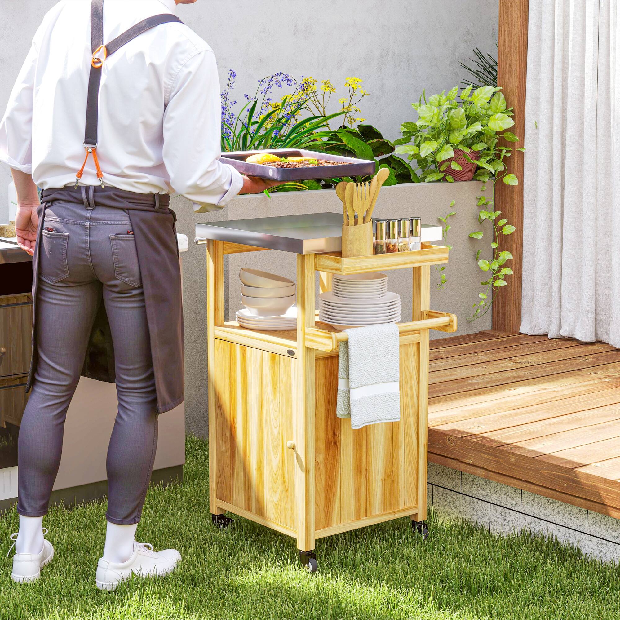 Alt View 7. Outsunny - Outdoor Grill Cart with Wheels, Stainless Steel Top, Solid Wood Outdoor Kitchen Island with Storage Cabinet - Natural Wood.