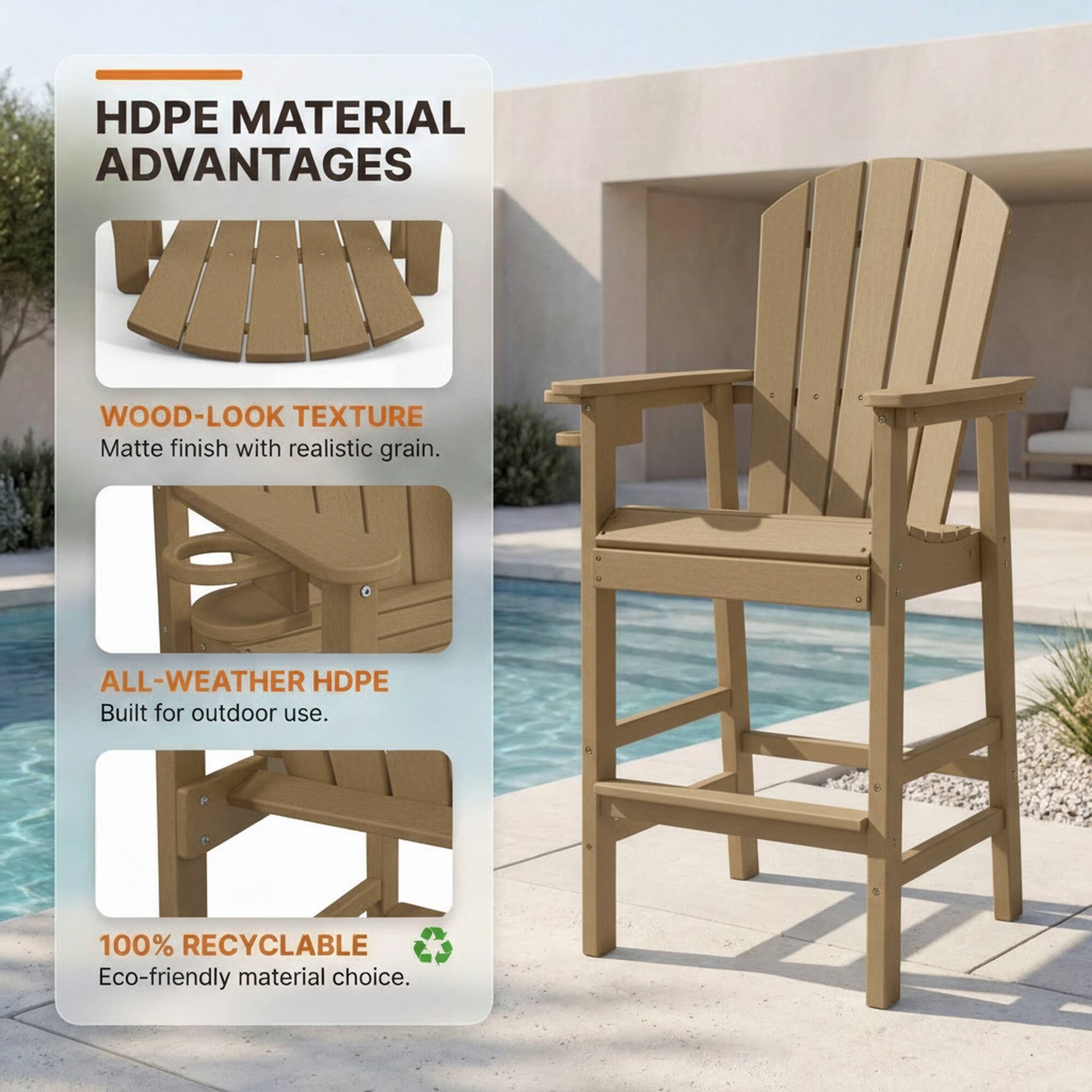 HDPE MATERIAL ADVANTAGES

WOOD-LOOK TEXTURE
Matte finish with realistic grain.

ALL-WEATHER HDPE
Built for outdoor use.

100% RECYCLABLE
Eco-friendly material choice.