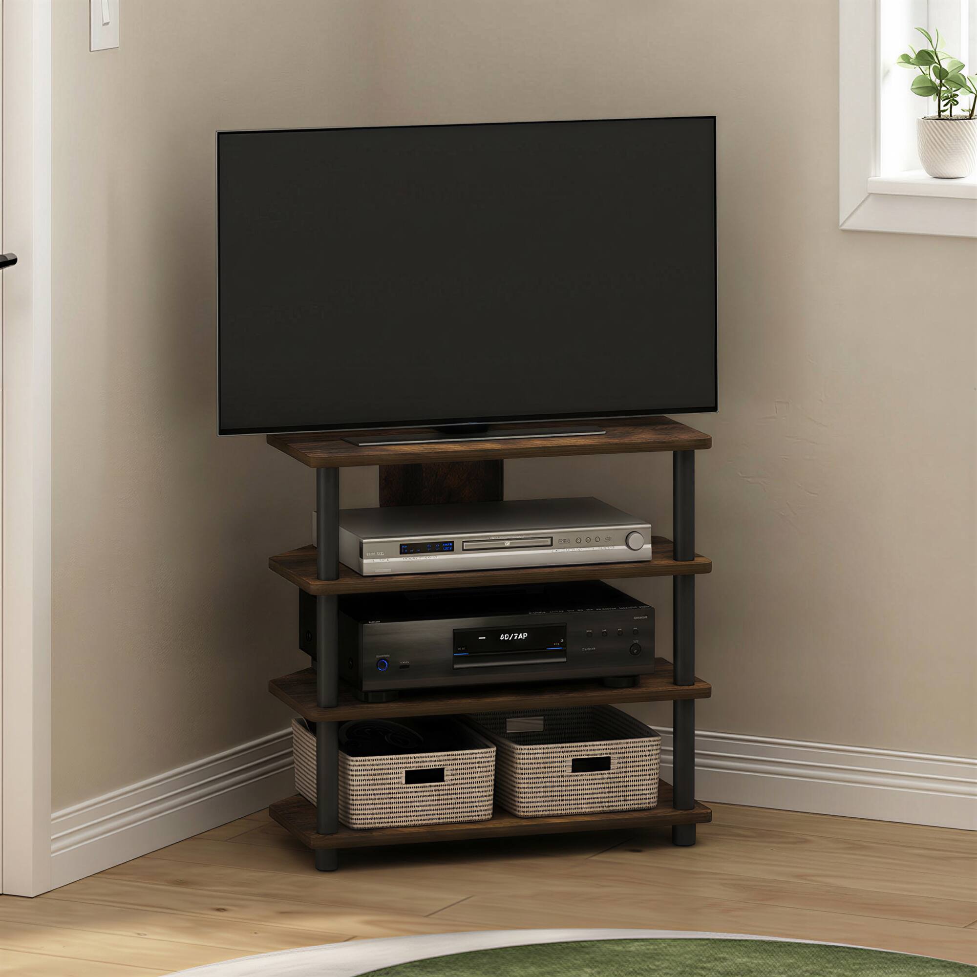 Alt View 1. Furinno - ECON TV Stand, Petite Corner Entertainment Center, Open Frame Design TV Console for TV up to 32 Inch, Easy Assembly - Amber Pine/Black.