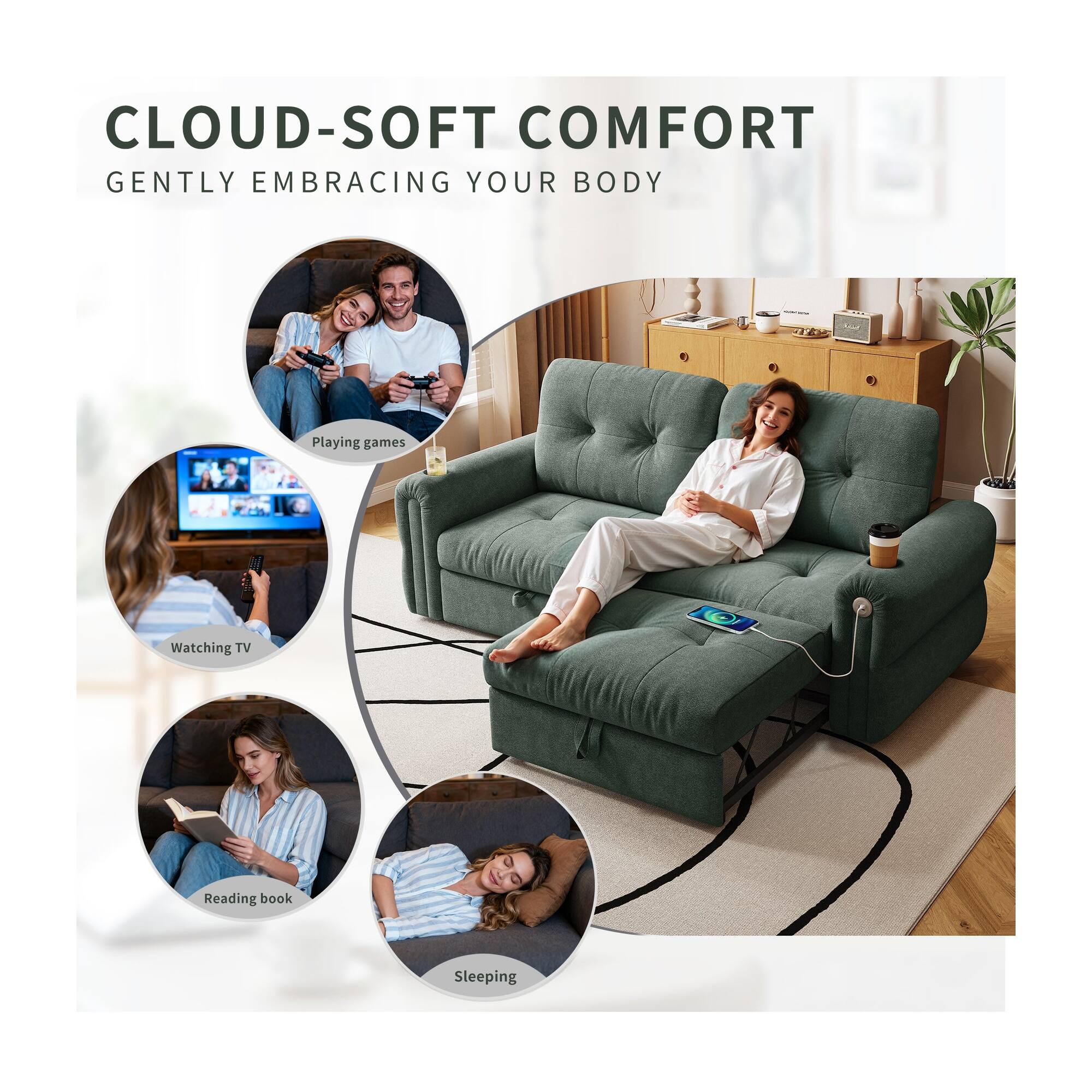 CLOUD-SOFT COMFORT GENTLY EMBRACING YOUR BODY

Playing games  
Watching TV  
Reading book  
Sleeping
