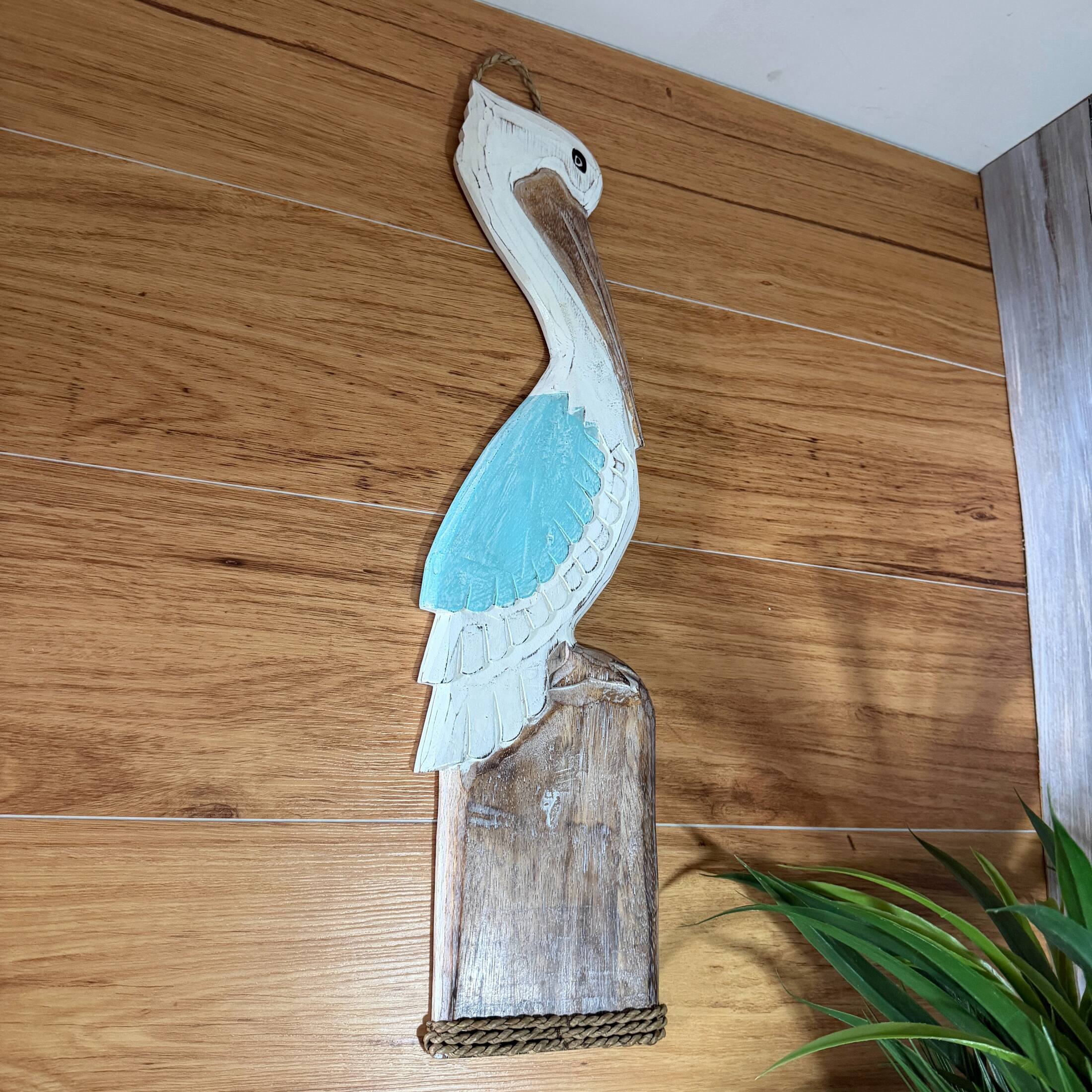 Alt View 6. Chesapeake Bay - Hand Carved Wood Pelican Wall Plaque Aqua Coastal Rope Accent 24 Inch - Aqua.