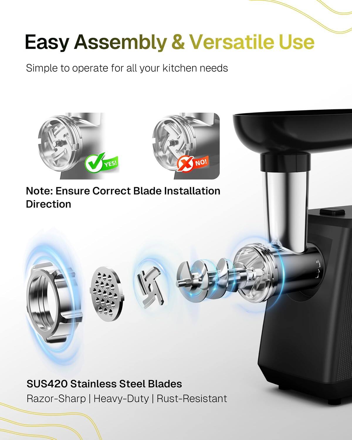 Easy Assembly & Versatile Use  
Simple to operate for all your kitchen needs  

YES!  
NO!  

Note: Ensure Correct Blade Installation Direction  

SUS420 Stainless Steel Blades  
Razor-Sharp | Heavy-Duty | Rust-Resistant