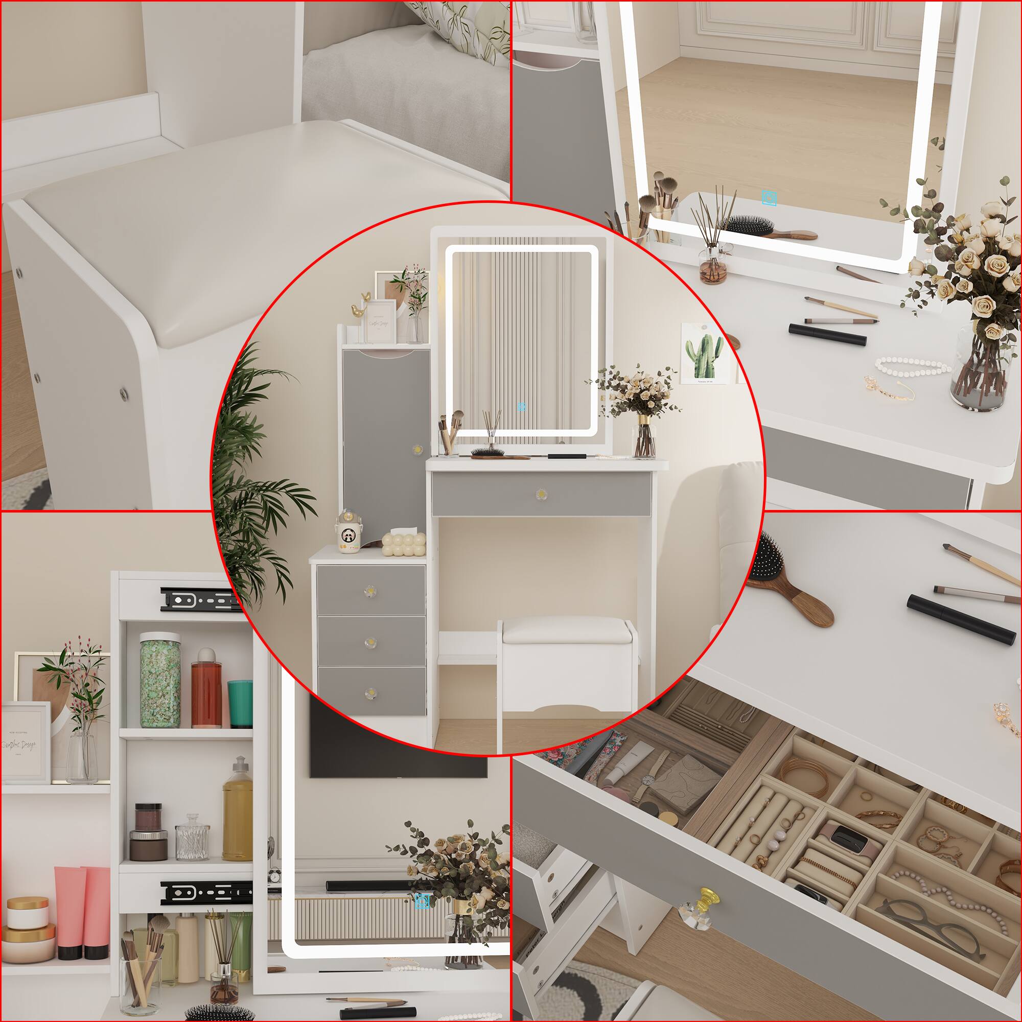 Alt View 8. Famapy - LED Vanity Table with Precision Storage: Your Ultimate Makeup & Jewelry Organizer - White.