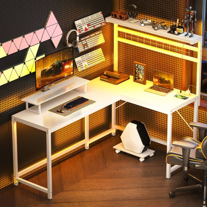 Angle. Anysun - 61.6" L Shaped Gaming Desk with Power Outlets & LED Lights, Monitor Stand & CPU Shelf for Home Office - White.