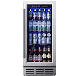 SIMZLIFE - 130 Can Beverage Cooler - 15 Inch Under Counter Built-in Fridge, 3.2 Cu. Ft Cooler with Glass Door Design for Soda/Wine - Silver