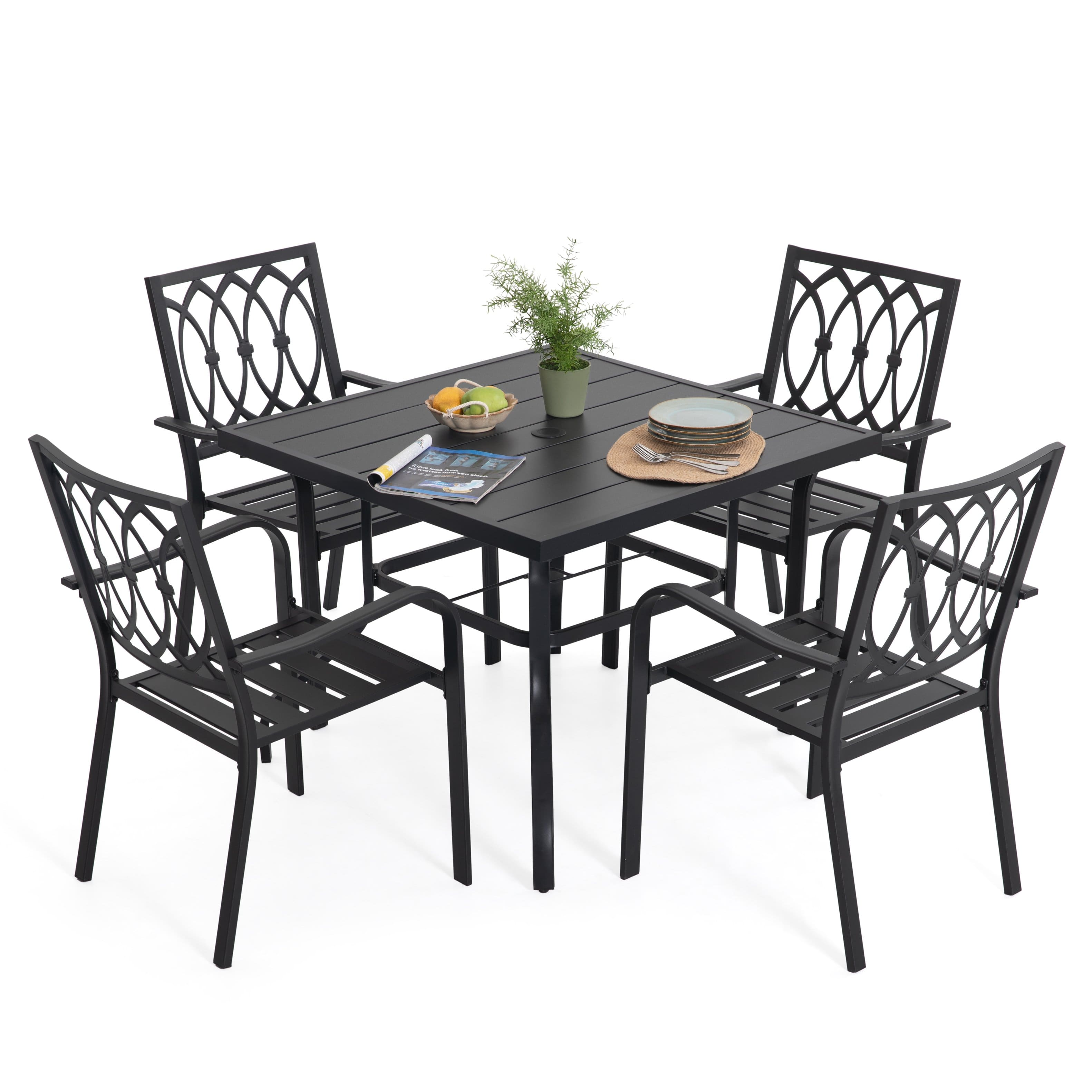 Nuu Garden - 5-Piece Metal Outdoor Dining Set with Umbrella Hole, 4 Stackable Chairs - Black
