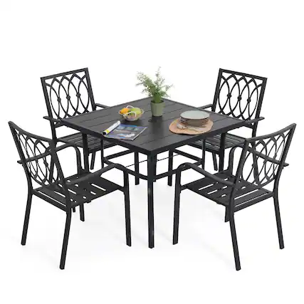 Front. Nuu Garden - 5-Piece Metal Outdoor Dining Set with Umbrella Hole, 4 Stackable Chairs - Black.