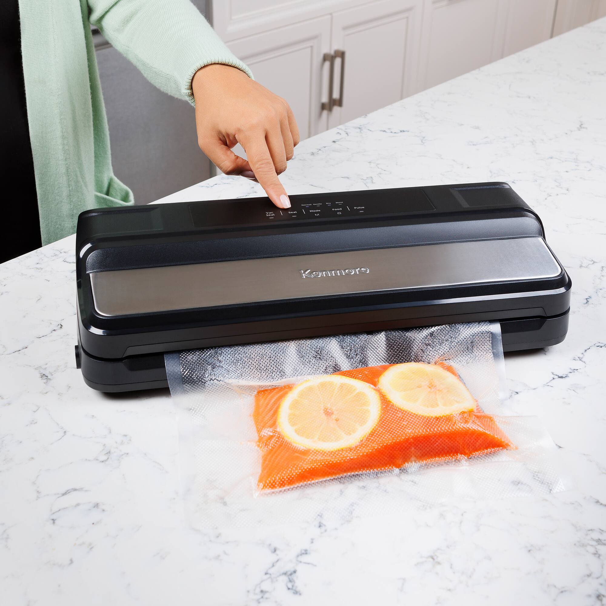 Angle. Kenmore - Vacuum Sealer Food Preservation System With 16Ft Bag Roll & Bags - Black stainless steel.
