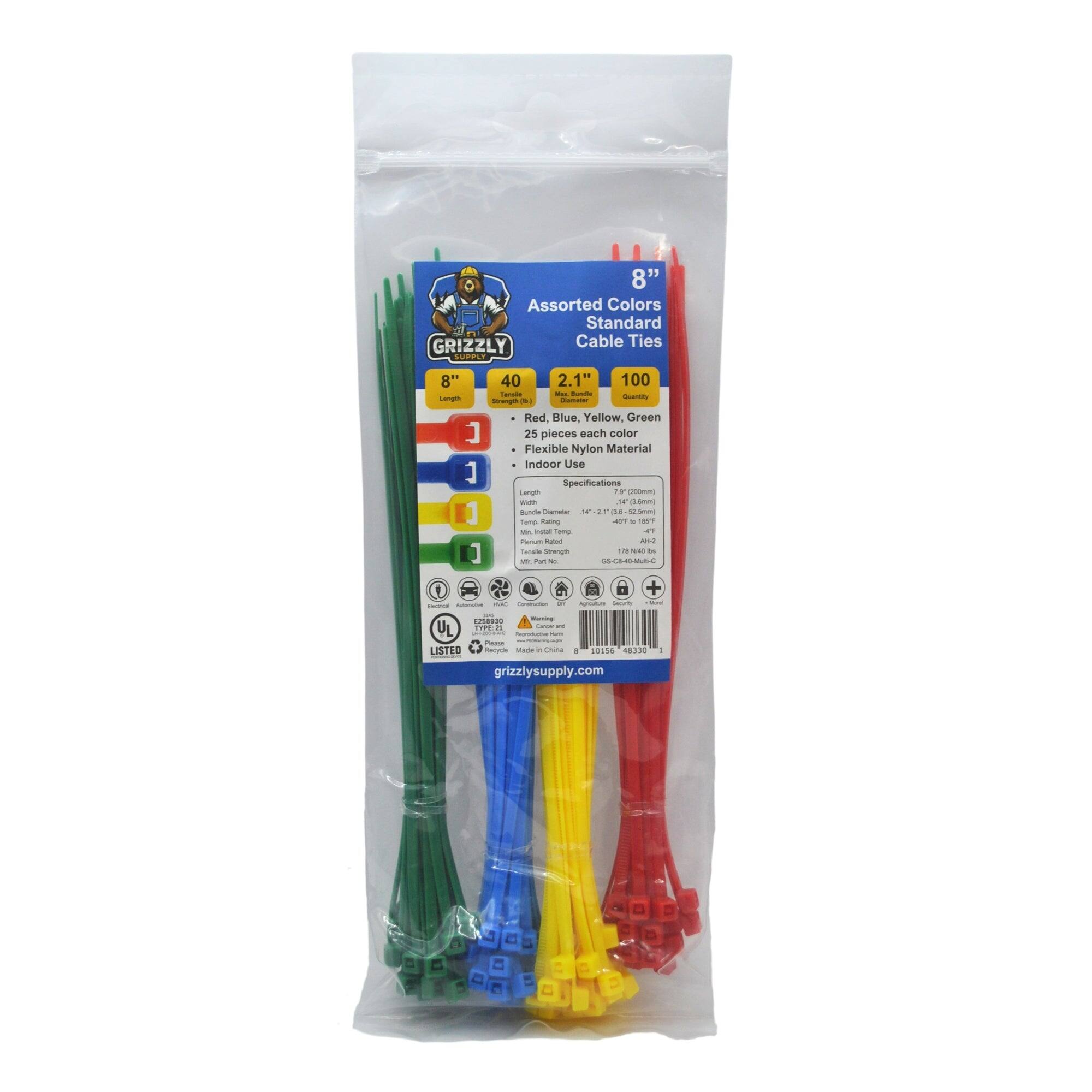 8" Assorted Colors Standard GRIZZLY Cable Ties SUPPLY 8" 40 2.1" 100 - - - Lmp -amatar - terong - Red, Blue, Yellow, Green J 25 pieces each color Flexible Nylon Material Indoor Use 1 Specifications L 1 S - - m 1 Burae me  IM 1s - sming Tamp na 4n - 101  - Tamp . - - ane Tacal - - - - ] - tan - ALEMAC 1 + - - - - - - EnRRSS -  COe I - 2  Ps LISTED - wute - nna 1 T0U56 S3 - grizzlysupply.com