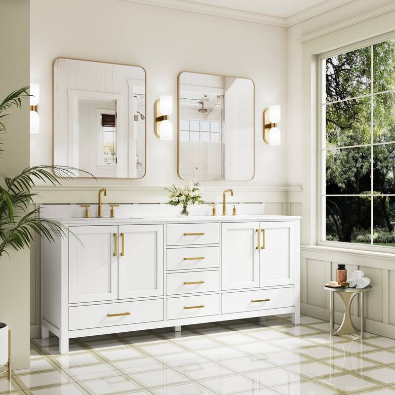 Angle. WELLFOR - 80 in Bathroom Vanity with Double Sink,Solid Wood Bathroom Cabinet with 4 Doors& 6 Drawers,Brushed Gold Handle - White.