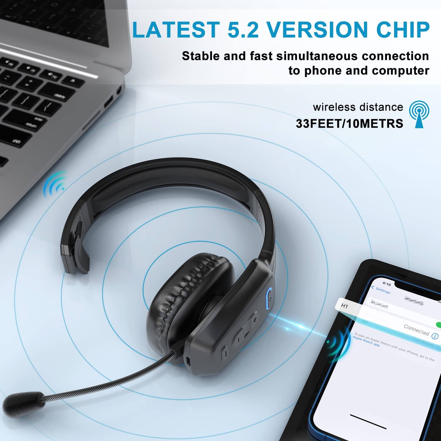LATEST 5.2 VERSION CHIP  
Stable and fast simultaneous connection to phone and computer  
wireless distance 33FEET/10METRS  

H1  
Connected