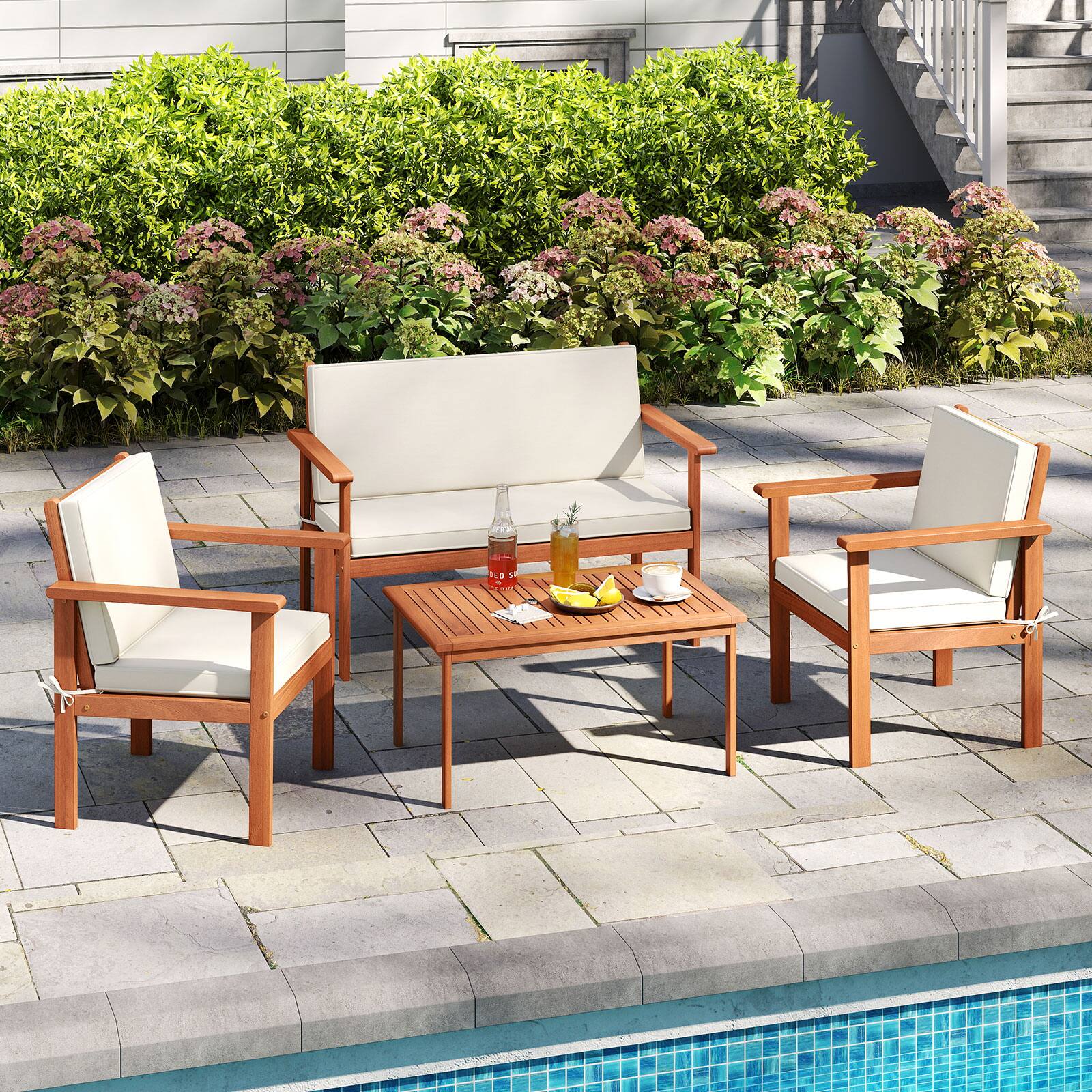 Alt View 3. Gymax - Gymax 8 Pieces Patio Furniture Set, Acacia Wood Porch Chairs w/ Table - White.
