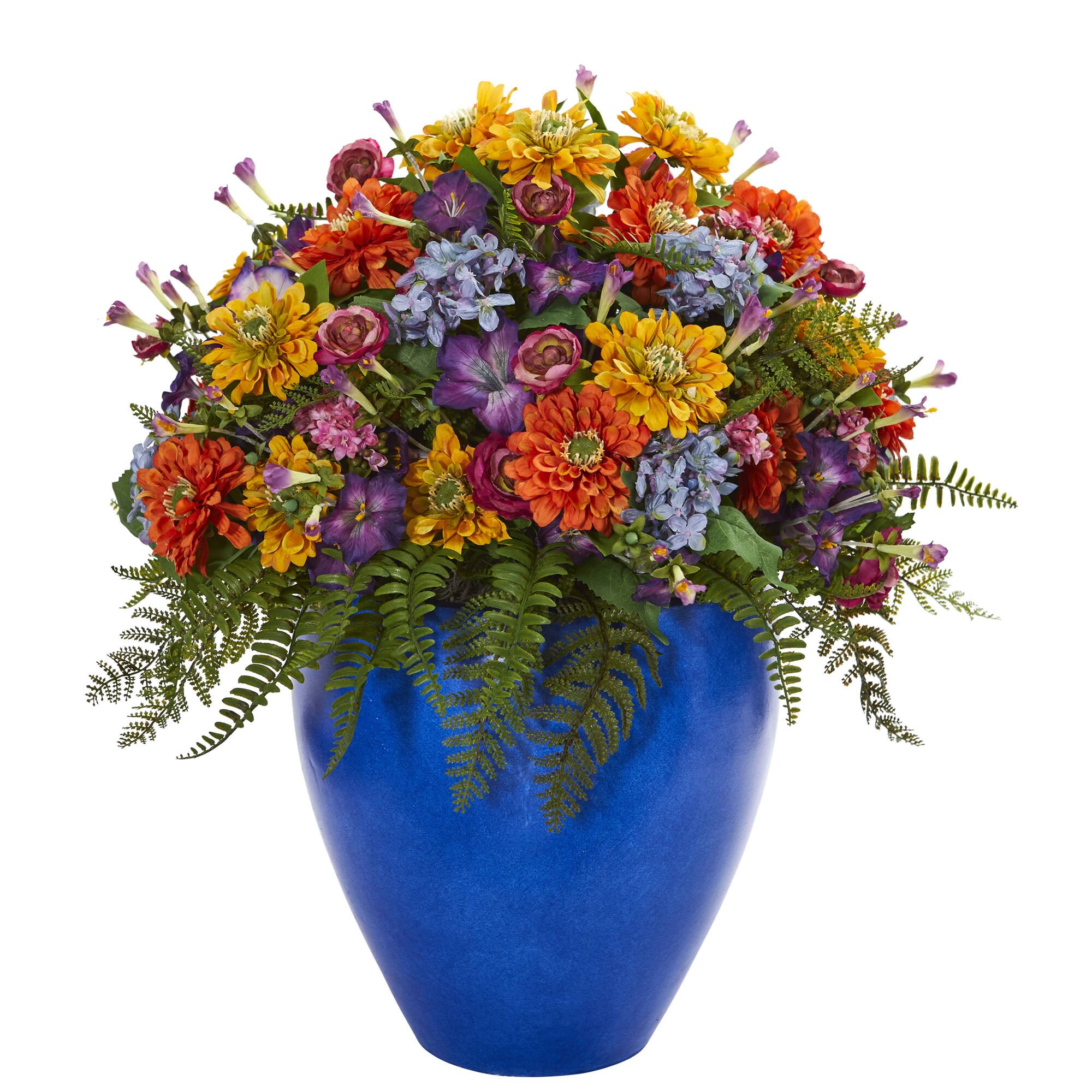 Front. BreeBe - 24" Giant Mixed Floral Artificial Arrangement in Blue Vase - Multi.