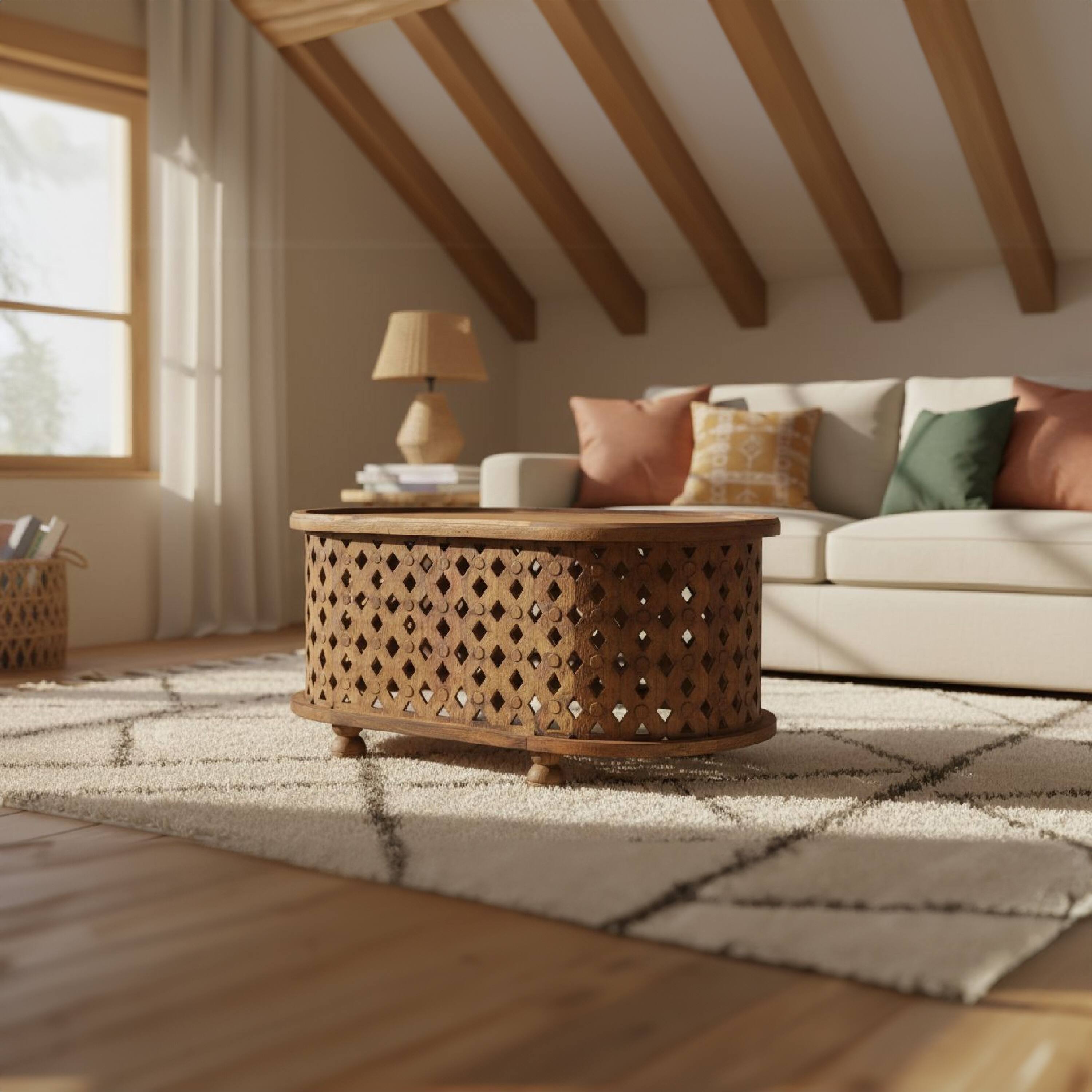 Alt View 9. Manhattan Lane - 36 Inch Handcrafted Oval Coffee Table, Intricate Cutout Design - Brown.