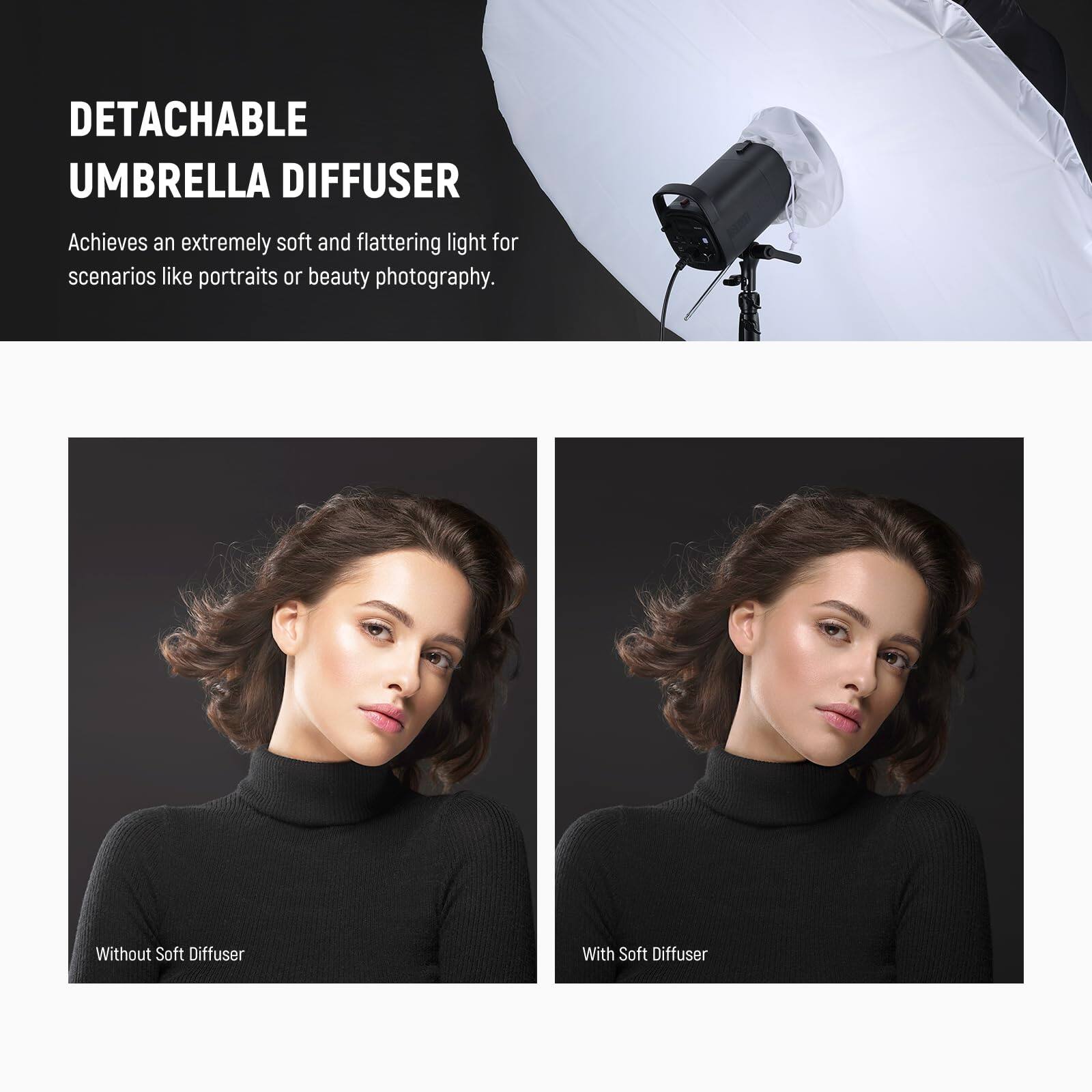 DETACHABLE UMBRELLA DIFFUSER

Achieves an extremely soft and flattering light for scenarios like portraits or beauty photography.

Without Soft Diffuser

With Soft Diffuser