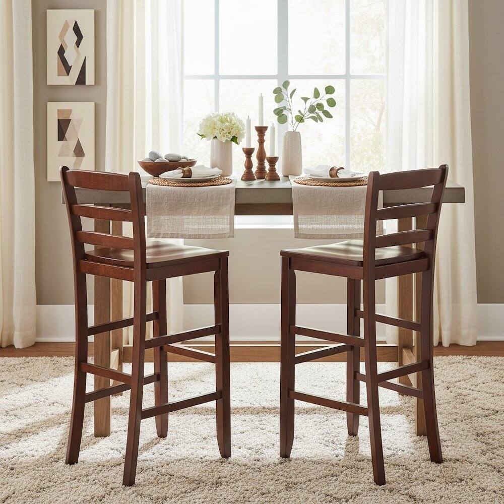 Alt View 3. FurniFact - 2-Pc 30" Ladder Back Bar Stools - Walnut.