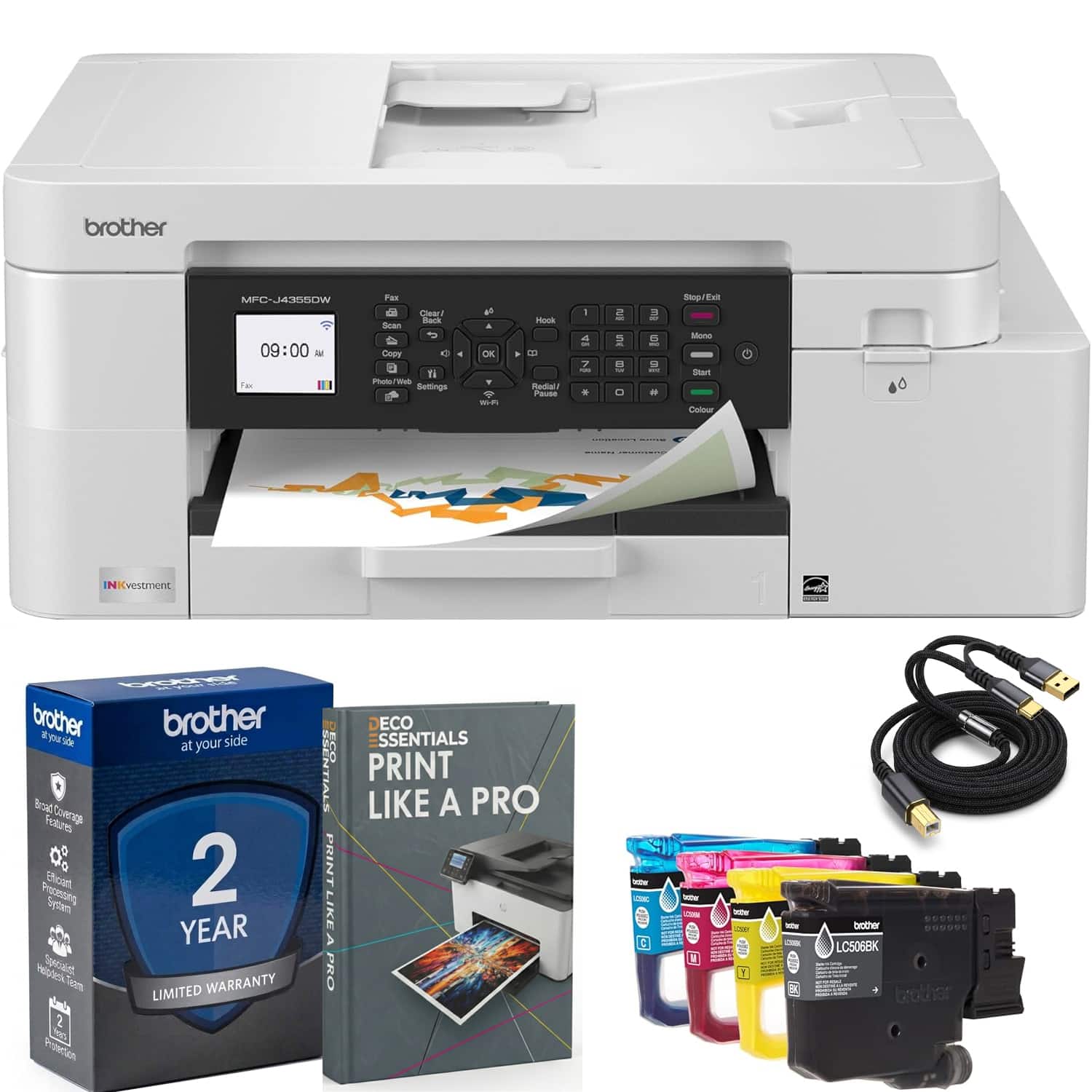 Brother - INKvestment 4355 Wireless All-in-One Inkjet Printer with 1.8” Color Display (MFC-J4355DW) + Print Like A Pro Bundle